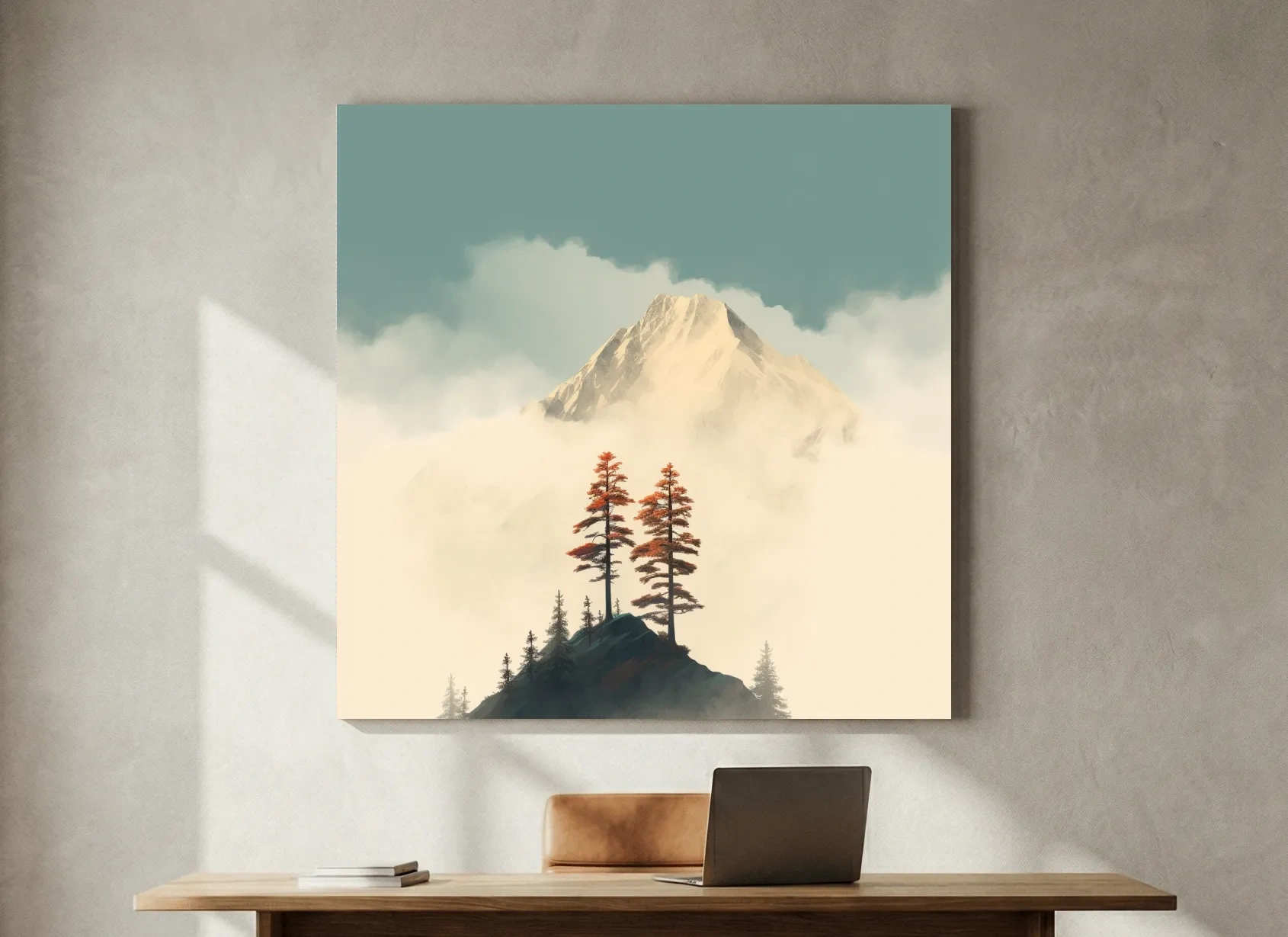 Misty Alpine Peak With Autumn Pines - Minimalist Mountain Artwork