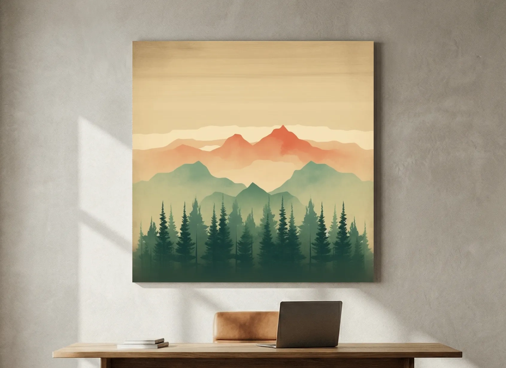 Misty Watercolor Mountain Range Sunrise - Pine Forest Landscape Artwork