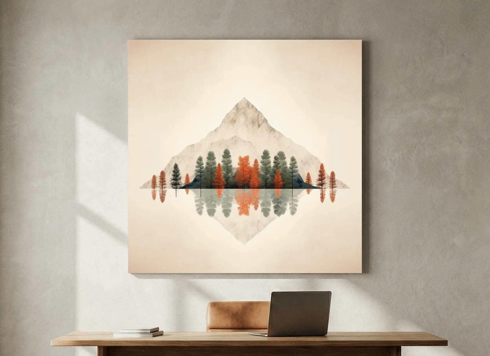 Minimalist Minimal Mountain Lake Reflection Painting - Autumn Pine Forest Artwork