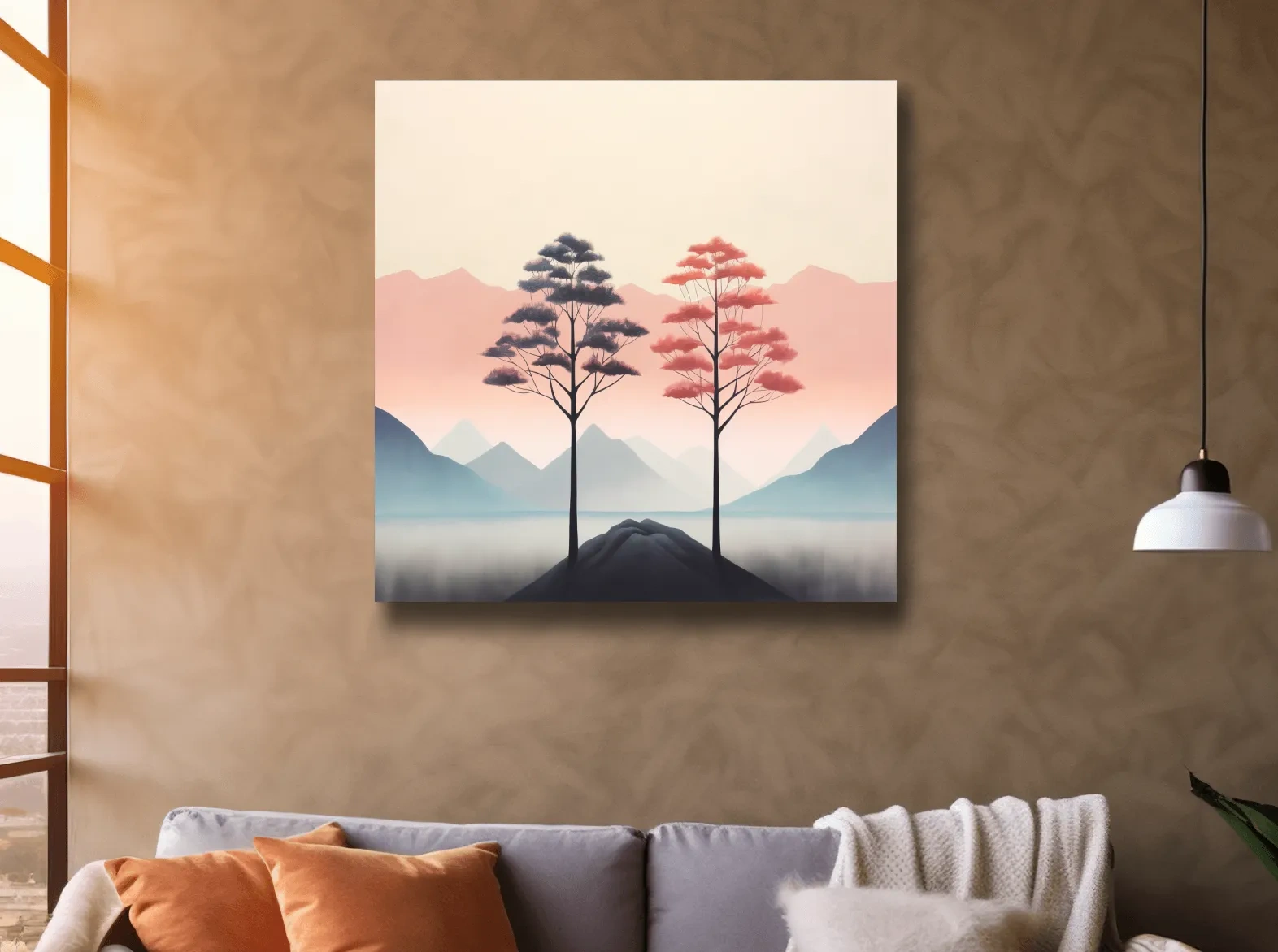Minimalist Twin Pine Trees Landscape - Serene Pastel Mountain Lake Wall Art