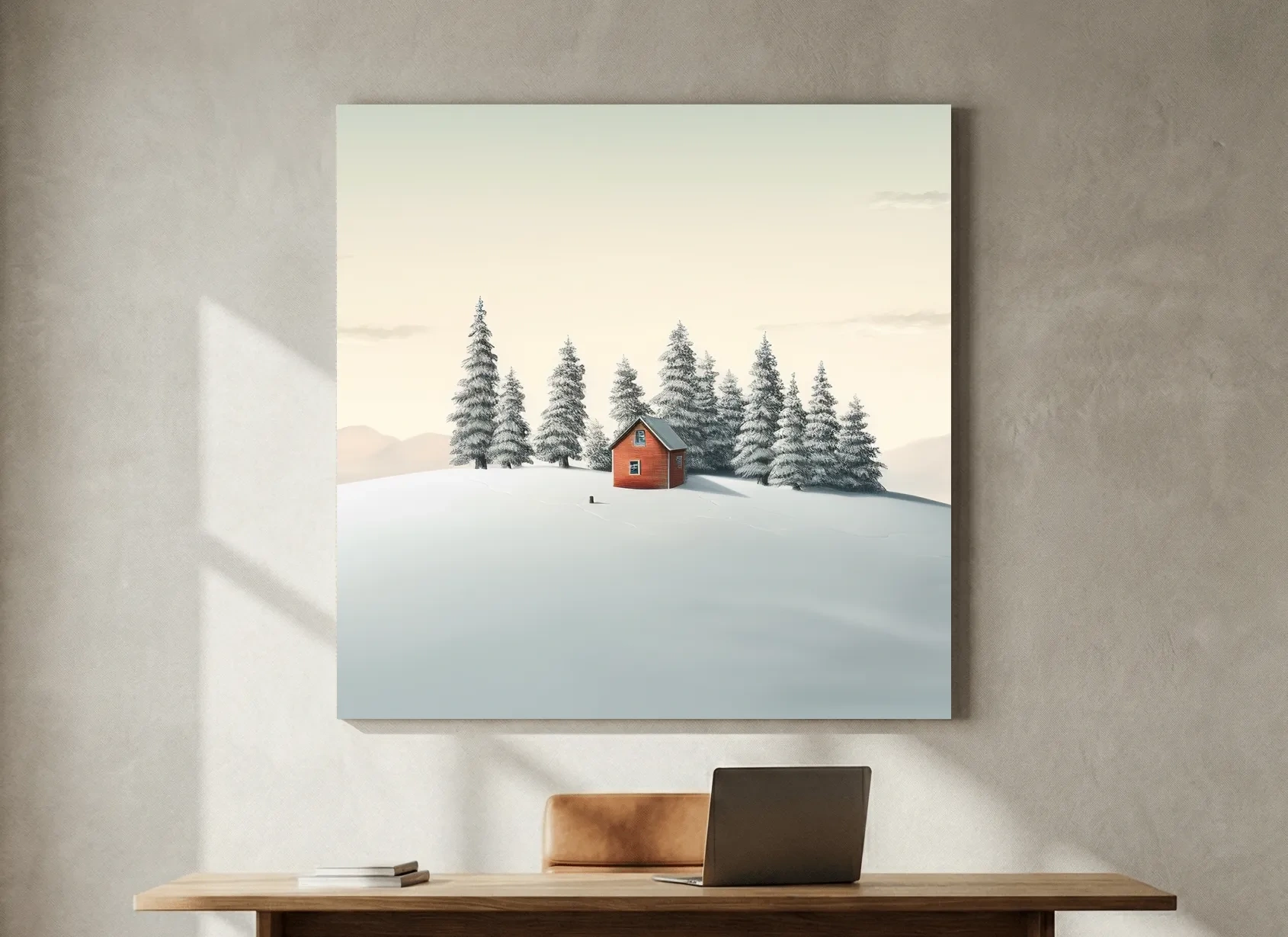 Minimalist Snowy Cabin In Pine Forest - Serene Winter Landscape Wall Art