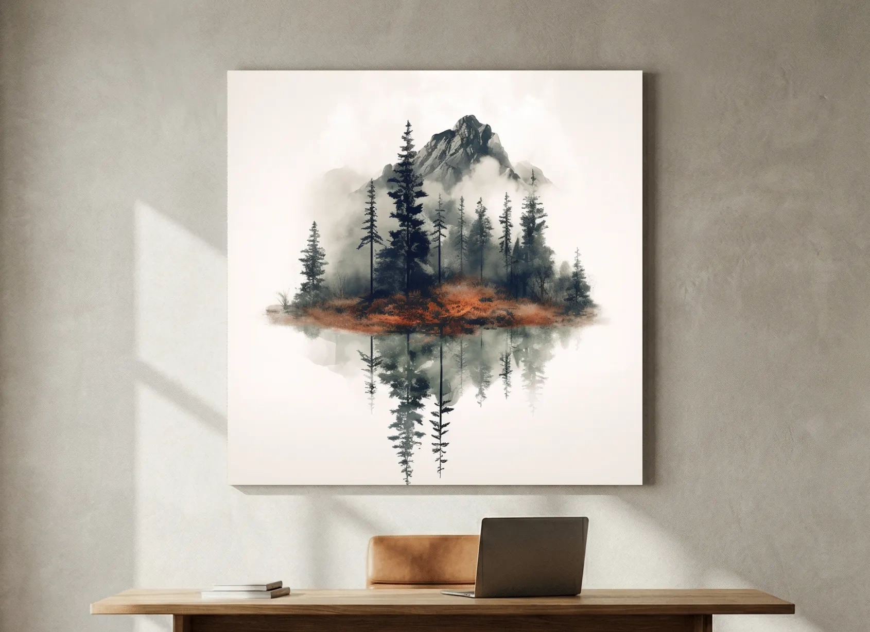 Minimalist Mountain Lake Reflection Watercolor - Moody Pine Forest Landscape Wall Art