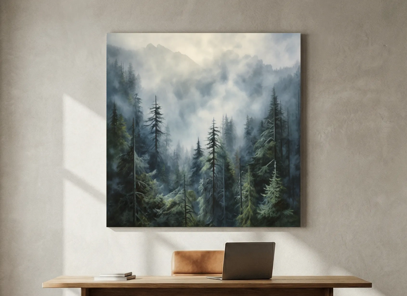 Moody Misty Pine Forest Mountains - Atmospheric Landscape Painting Wall Art