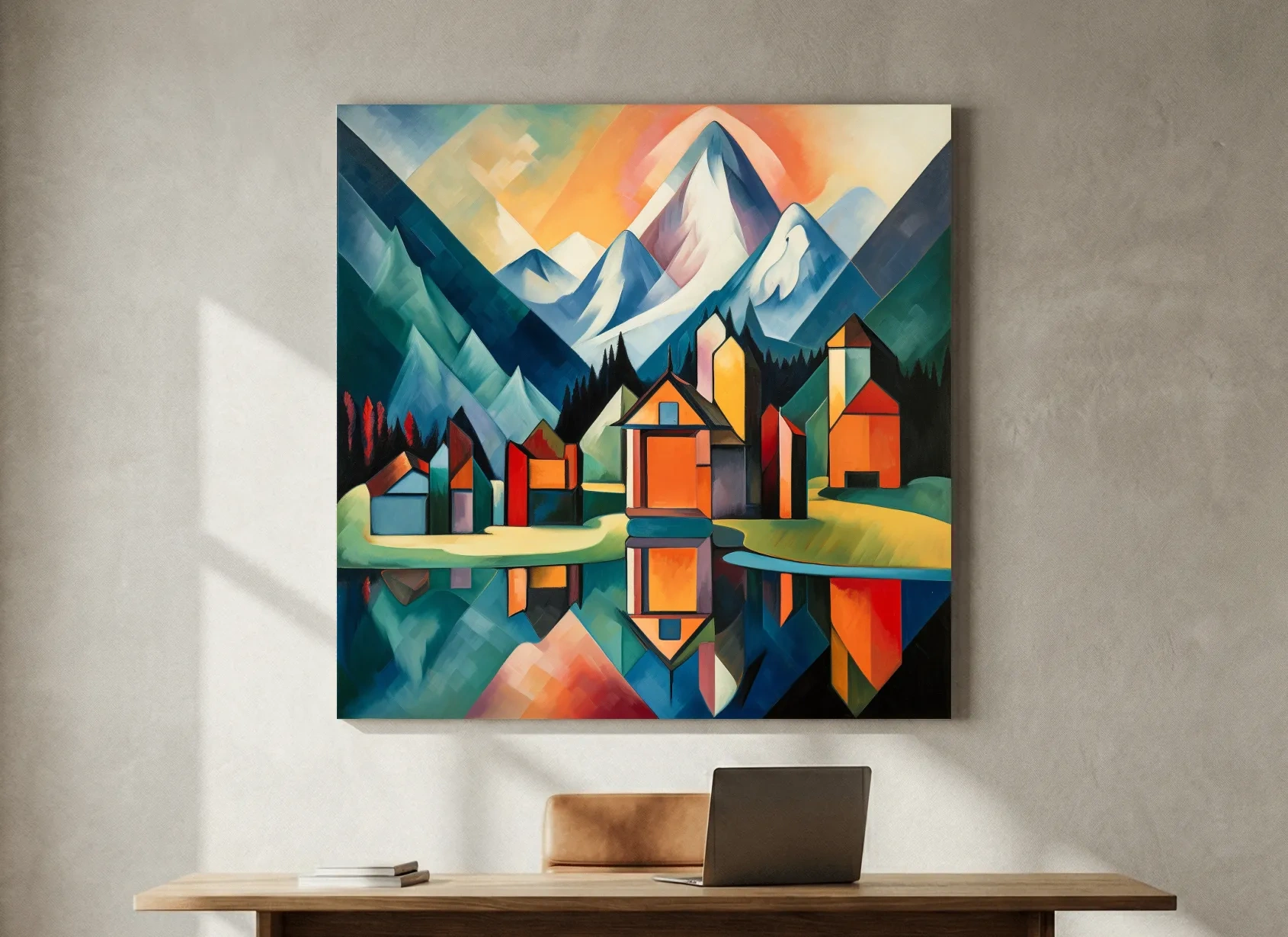 Colorful Geometric Alpine Village Lake Painting - Modern Abstract Mountain Wall Art