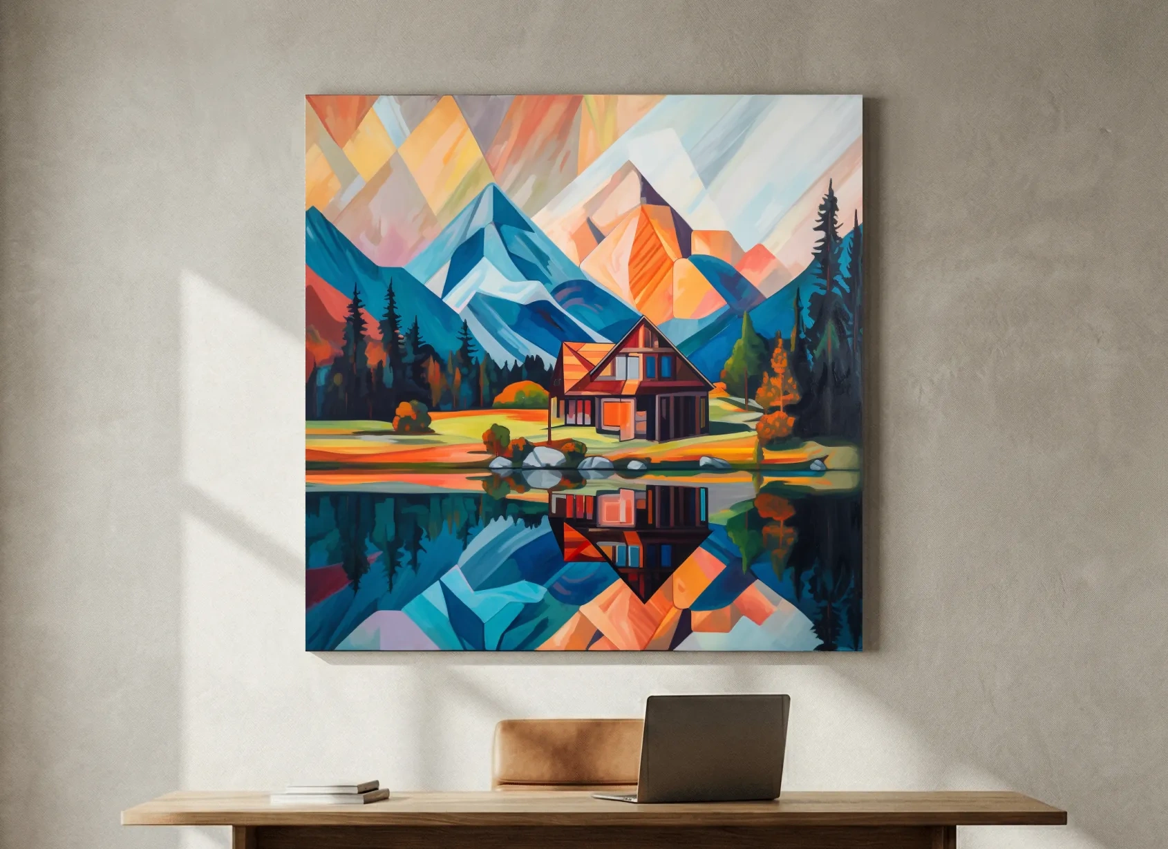 Vibrant Geometric Mountain Cabin Lake Reflection - Abstract Sunrise Wall Art