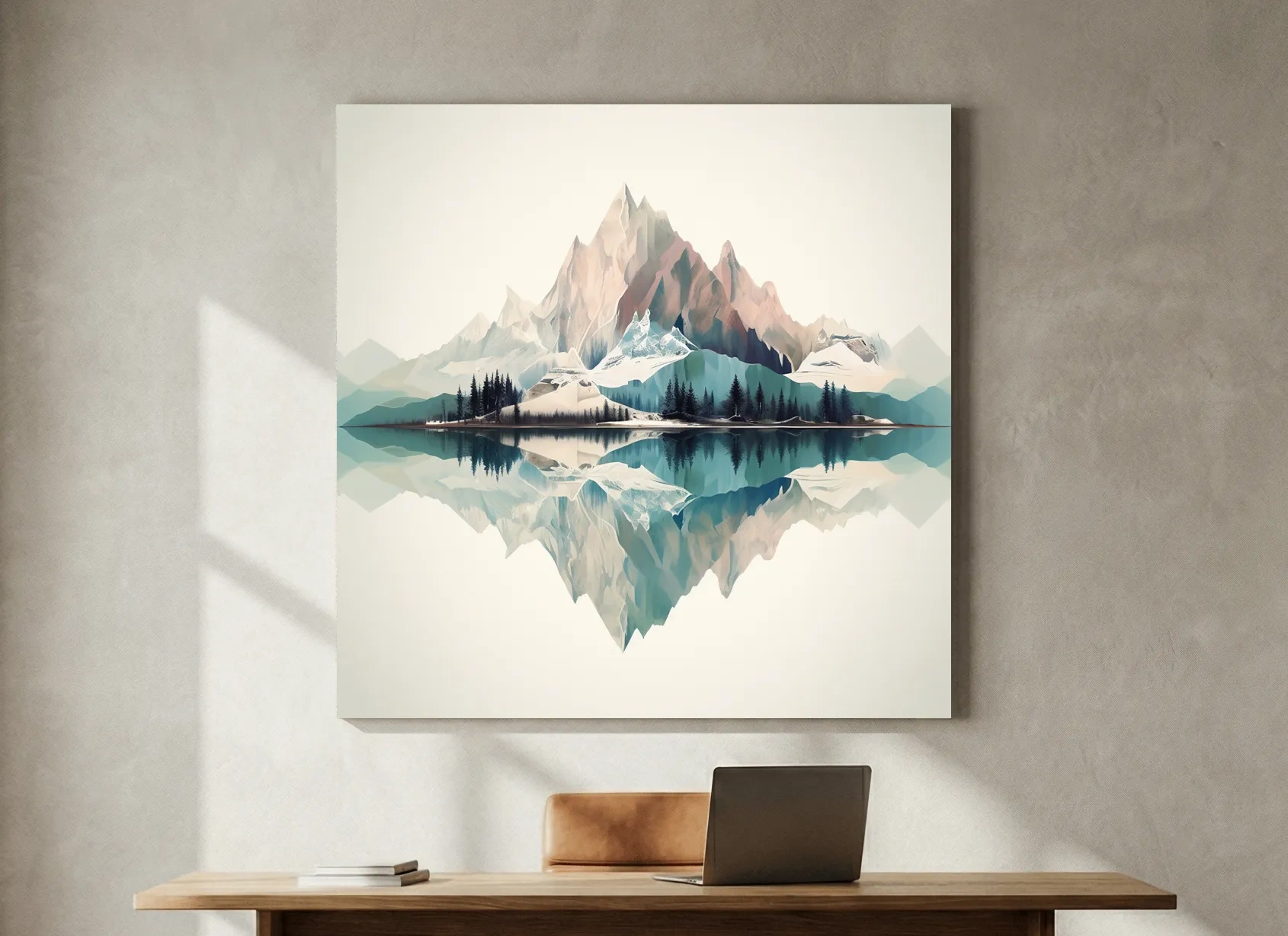 Minimalist Alpine Mountain Lake Reflection - Serene Pastel Watercolour Wall Art