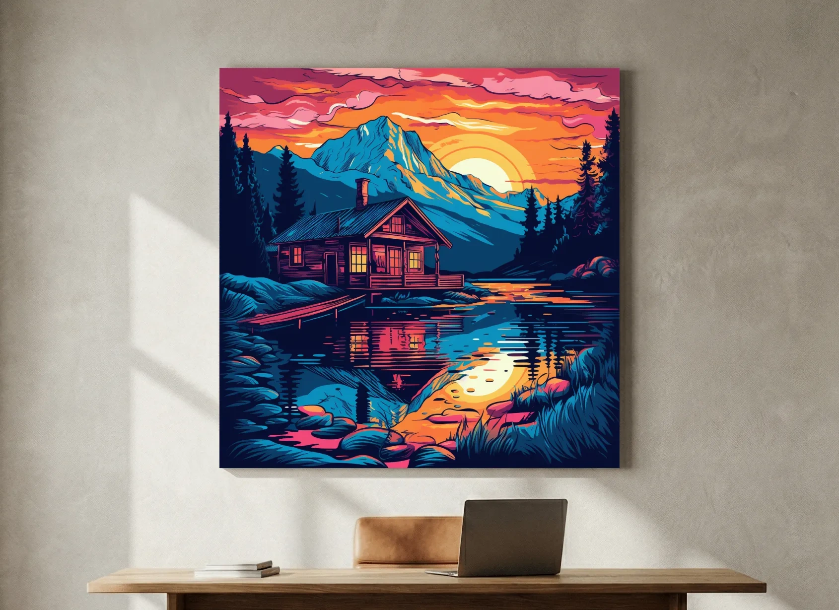 Vibrant Retro Alpine Lake Cabin Sunset - Vector Mountain Wall Art