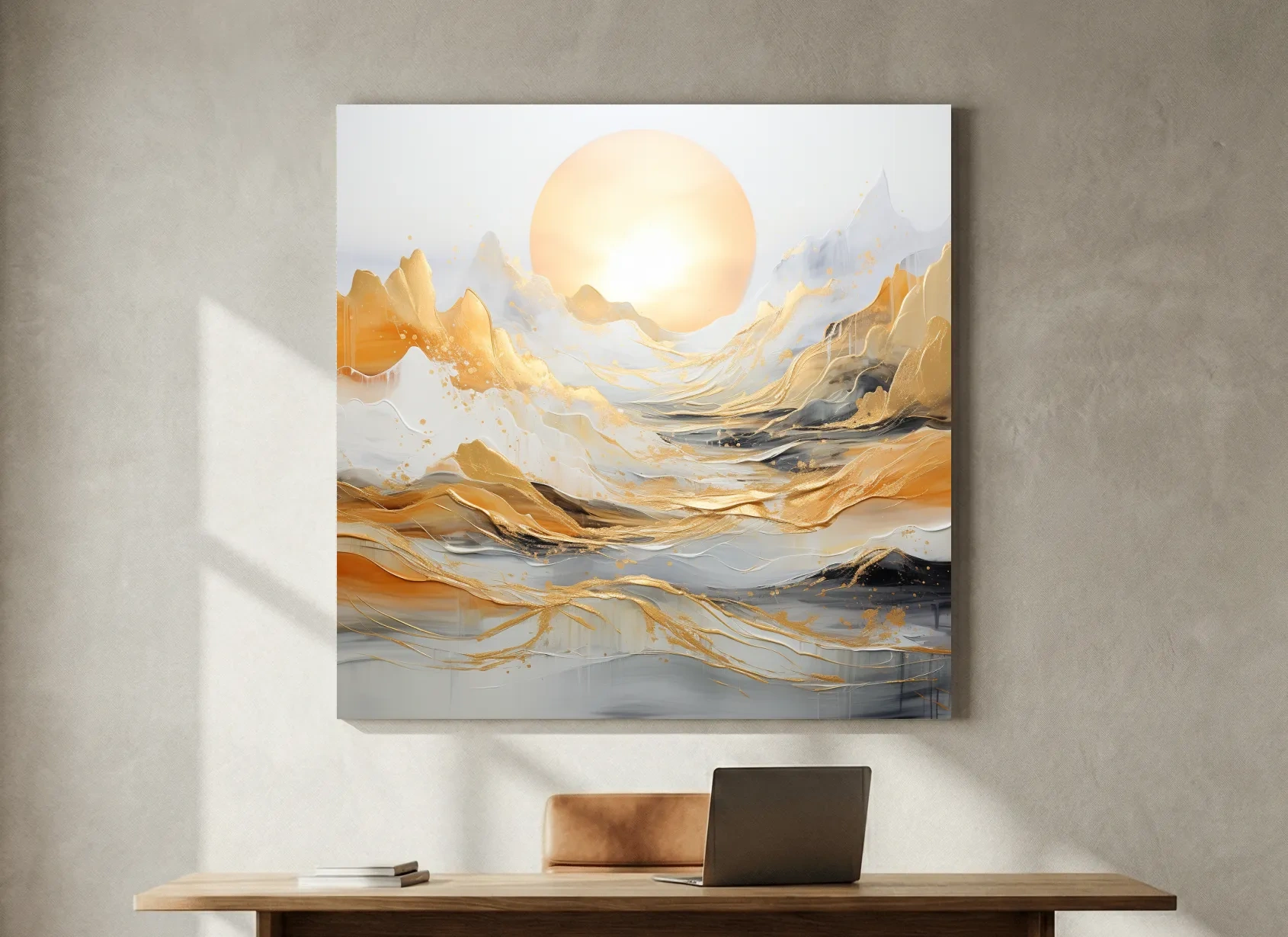 Abstract Golden Sunrise Mountain Landscape - Modern Textured Golf Leaf Style Wall Art