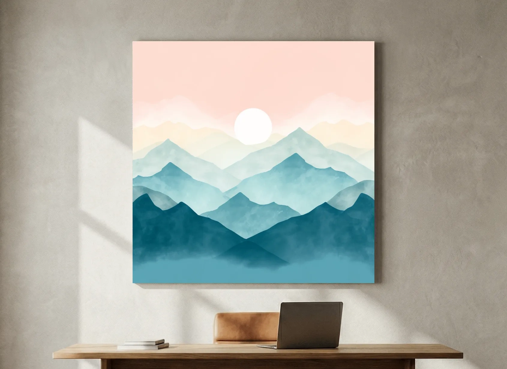 Minimalist Watercolor Misty Mountain Sunrise - Pastel Alpine Landscape Wall Art