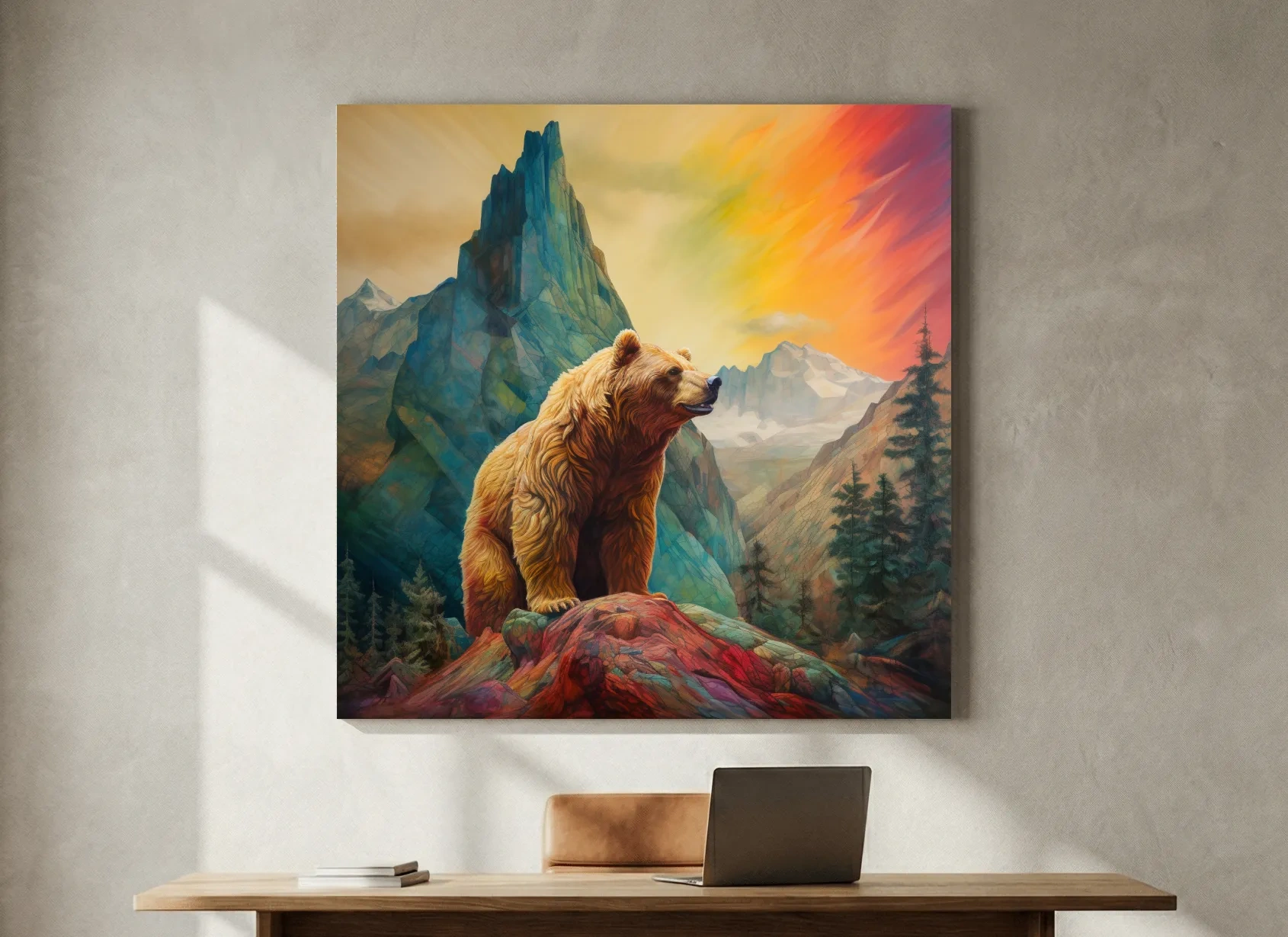 Majestic Grizzly Bear Mountain Landscape - Vibrant Painting Style Wildlife Wall Art