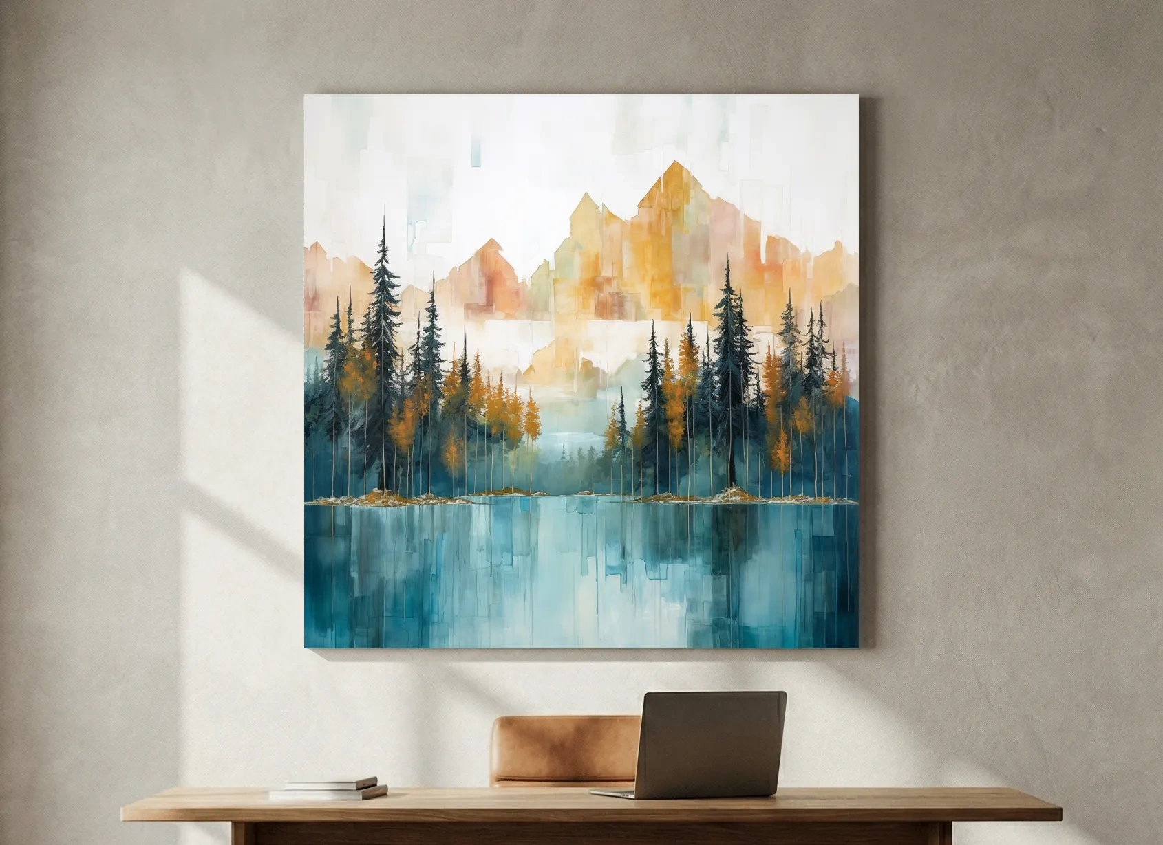 Abstract Watercolor Alpine Lake Reflection - Misty Mountain Forest Wall Art
