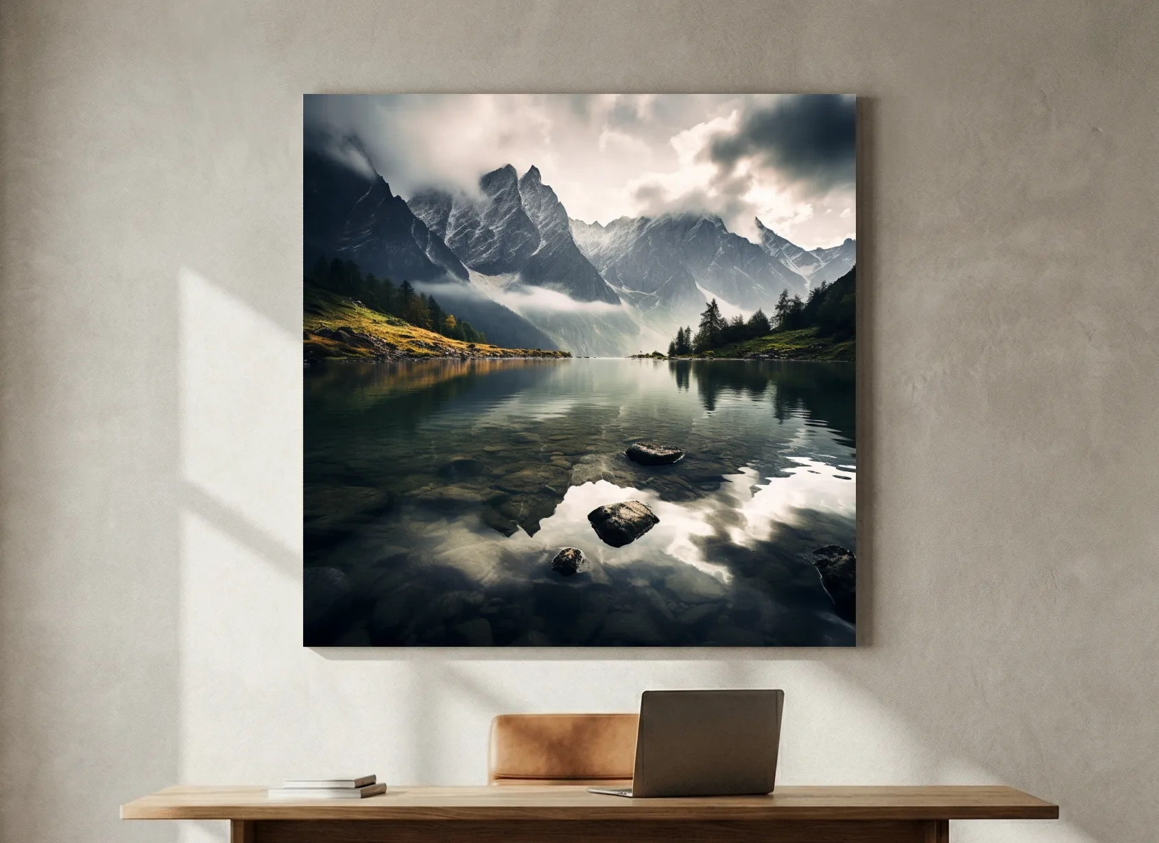 Moody Alpine Lake Reflection Photograph - Dramatic Landscape Wall Art