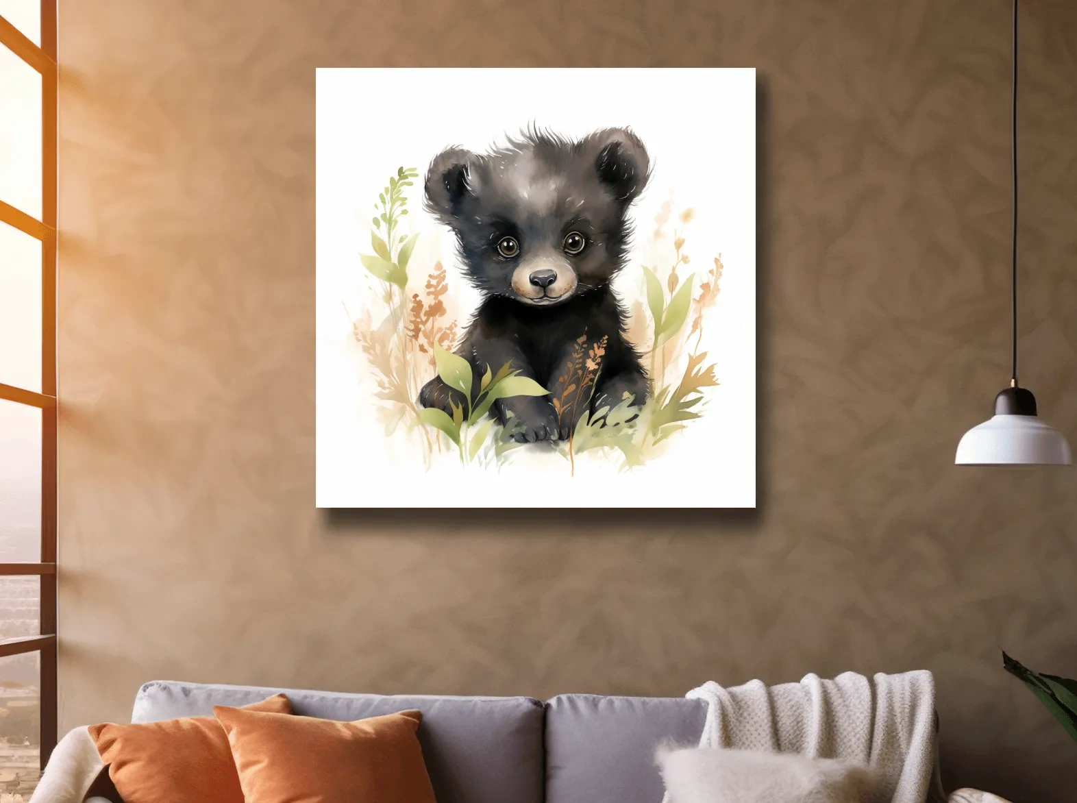 Watercolor painting of a cute black bear cub, nursery art painting