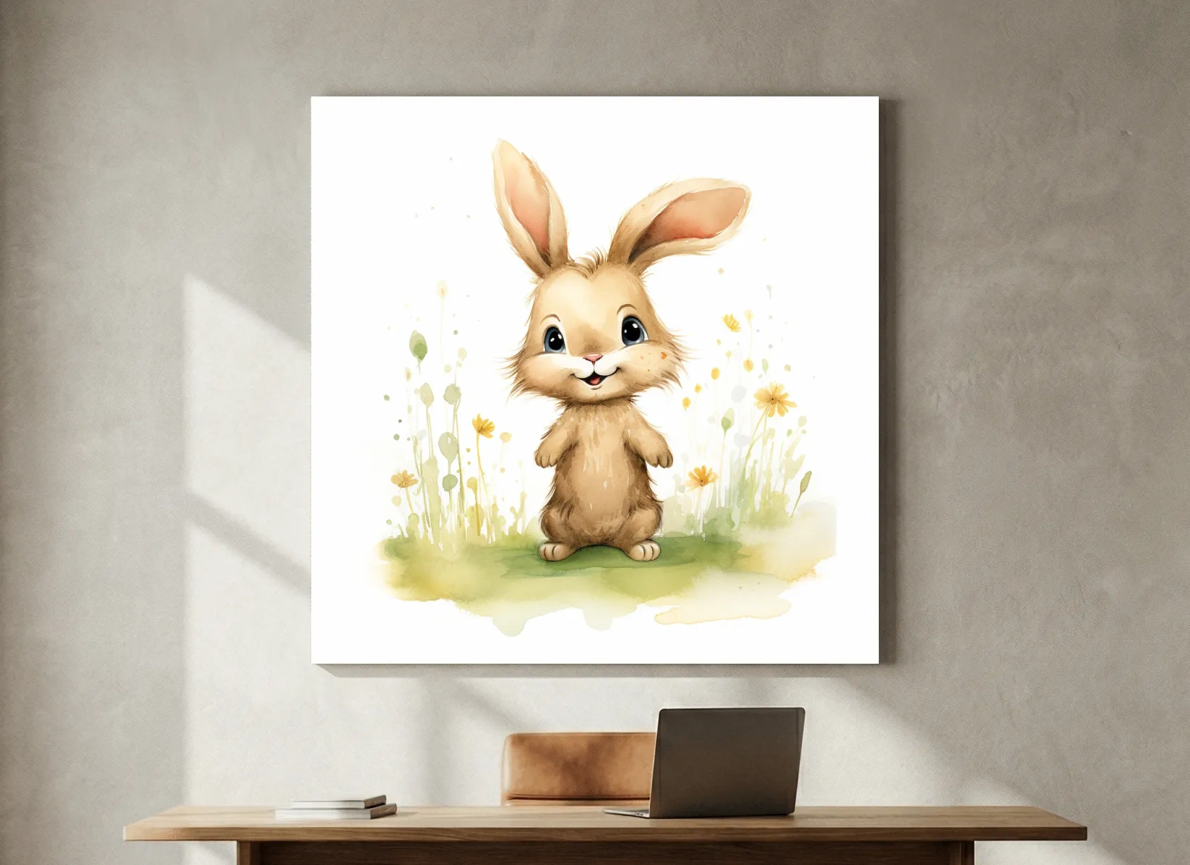 Cute Watercolor Bunny In Wildflowers - Whimsical Nursery Animal Wall Art
