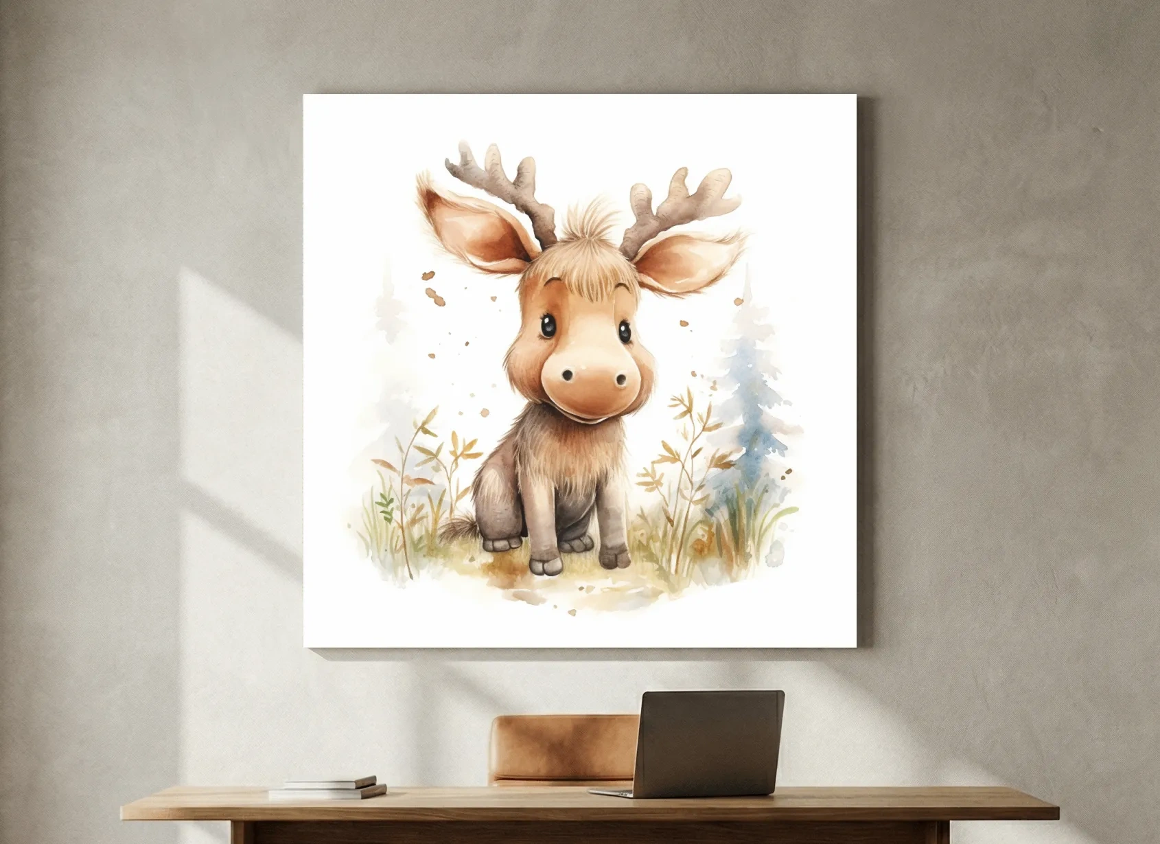 Cute Baby Moose Watercolor Illustration - Woodland Nursery Animal Wall Art