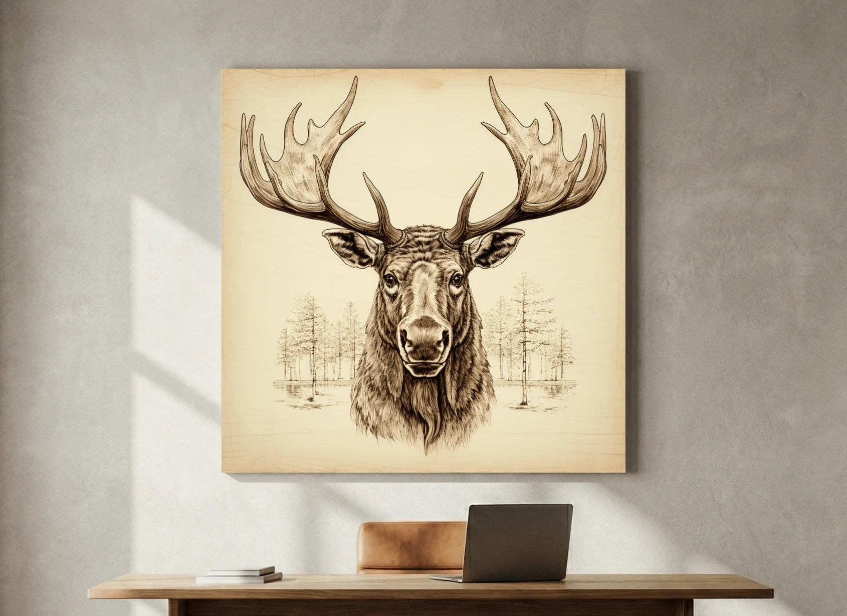 Rustic Sepia Moose Head Sketch - Vintage Woodland Wildlife Wall Art
