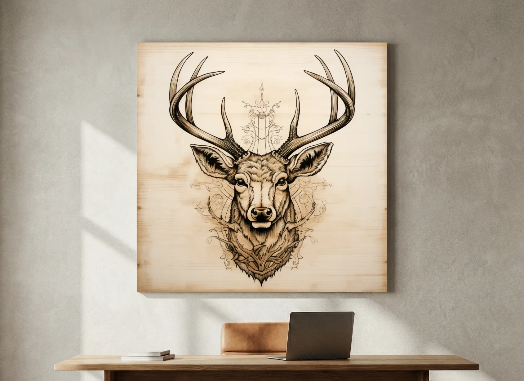 Ornate Deer Head on Wood Sketch Illustration - Rustic Wildlife Wall Art