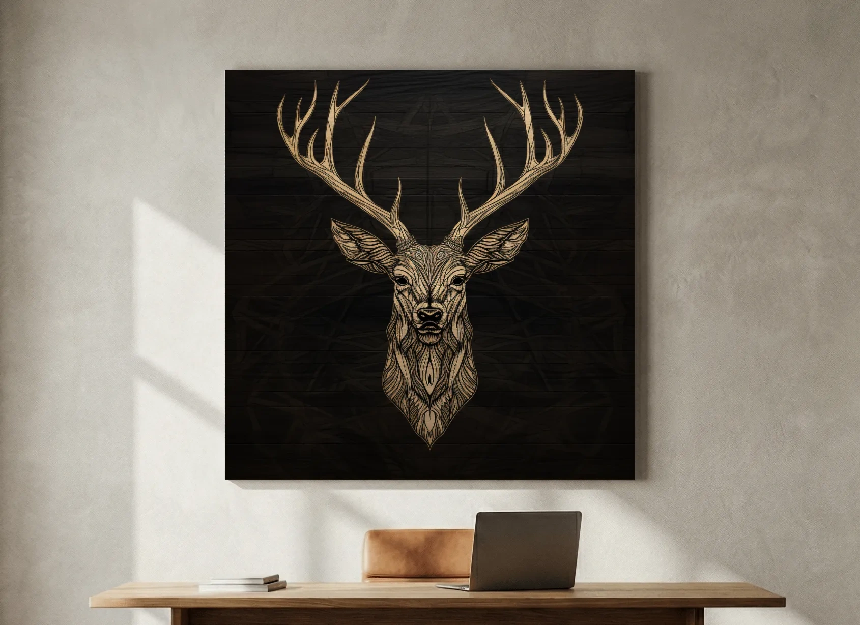 Elegant Geometric Deer Head Line Art - Rustic Woodcut Style Wildlife Artwork