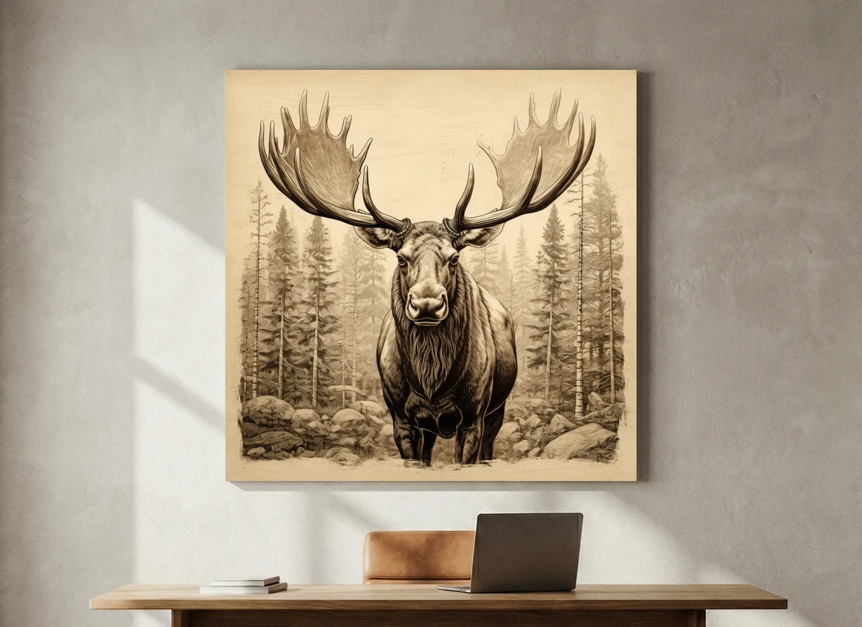 Majestic Moose Portrait Sketch - Vintage Sepia Wildlife Wall Art
