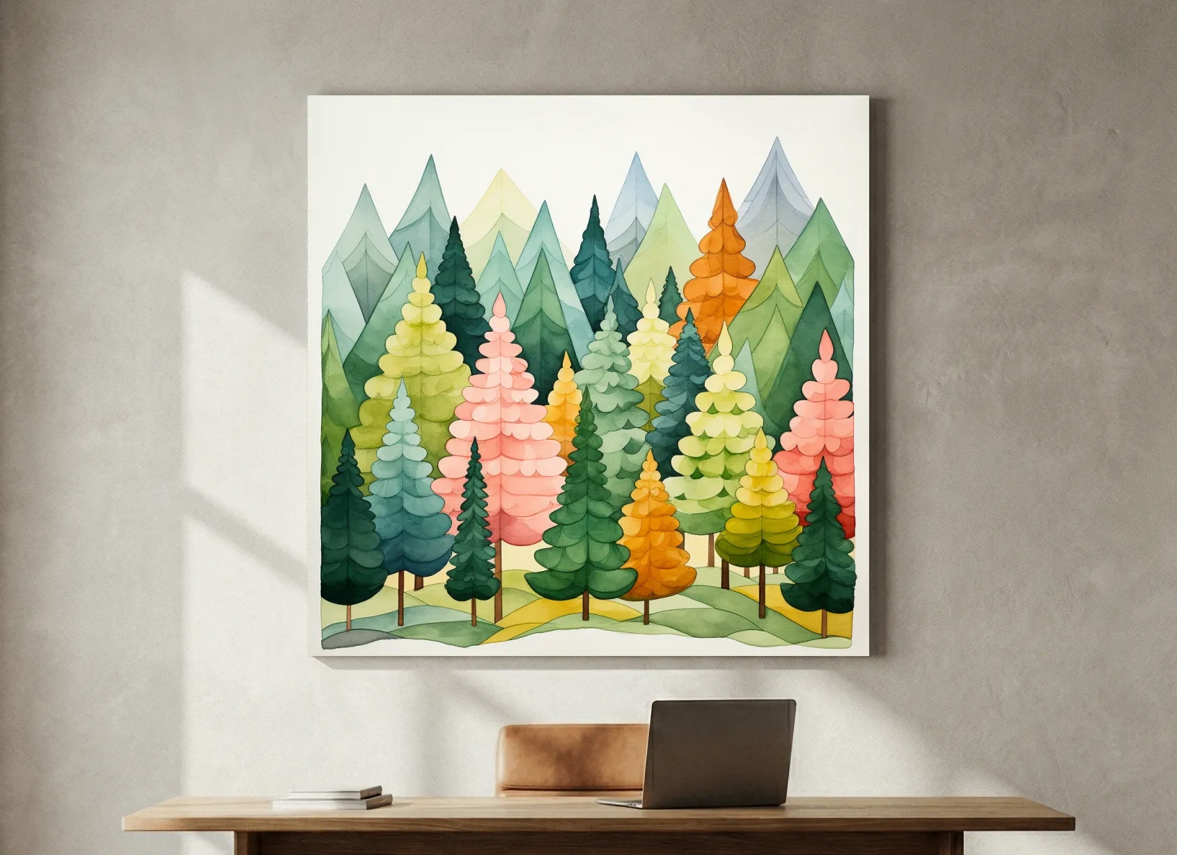 Whimsical Watercolor Pine Forest Mountains - Pastel Nursery Childrens Wall Art