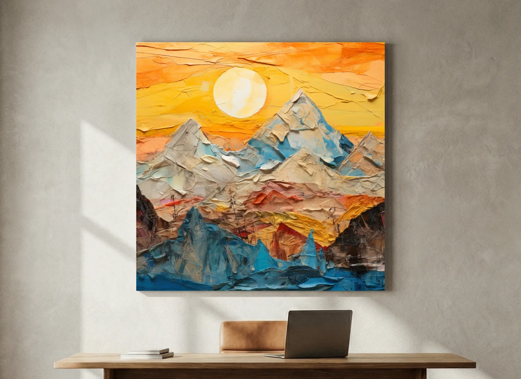 Collage Mountain Sunrise Painting - Warm Abstract Landscape Wall Art