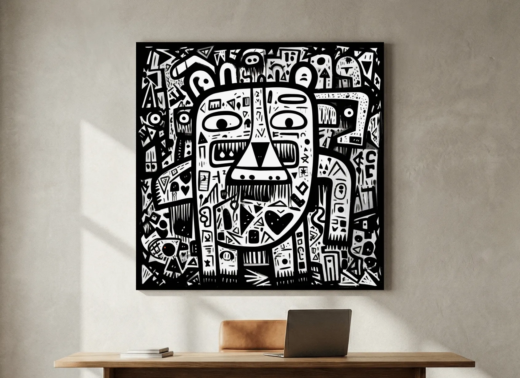 Abstract Black And White Graffiti Bear Doodle Art - Bold Geometric Animal Wall Art