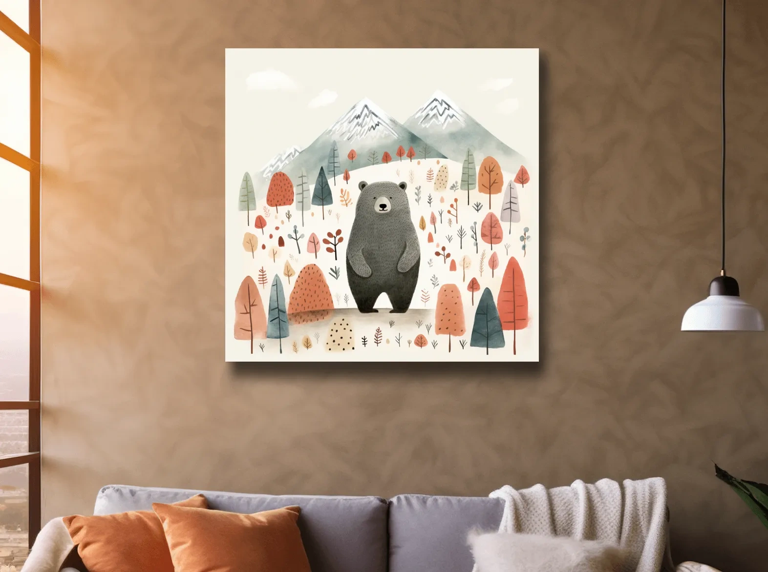 Cute Bear In Autumn Mountains - Scandinavian Nursery Woodland Animal Wall Art