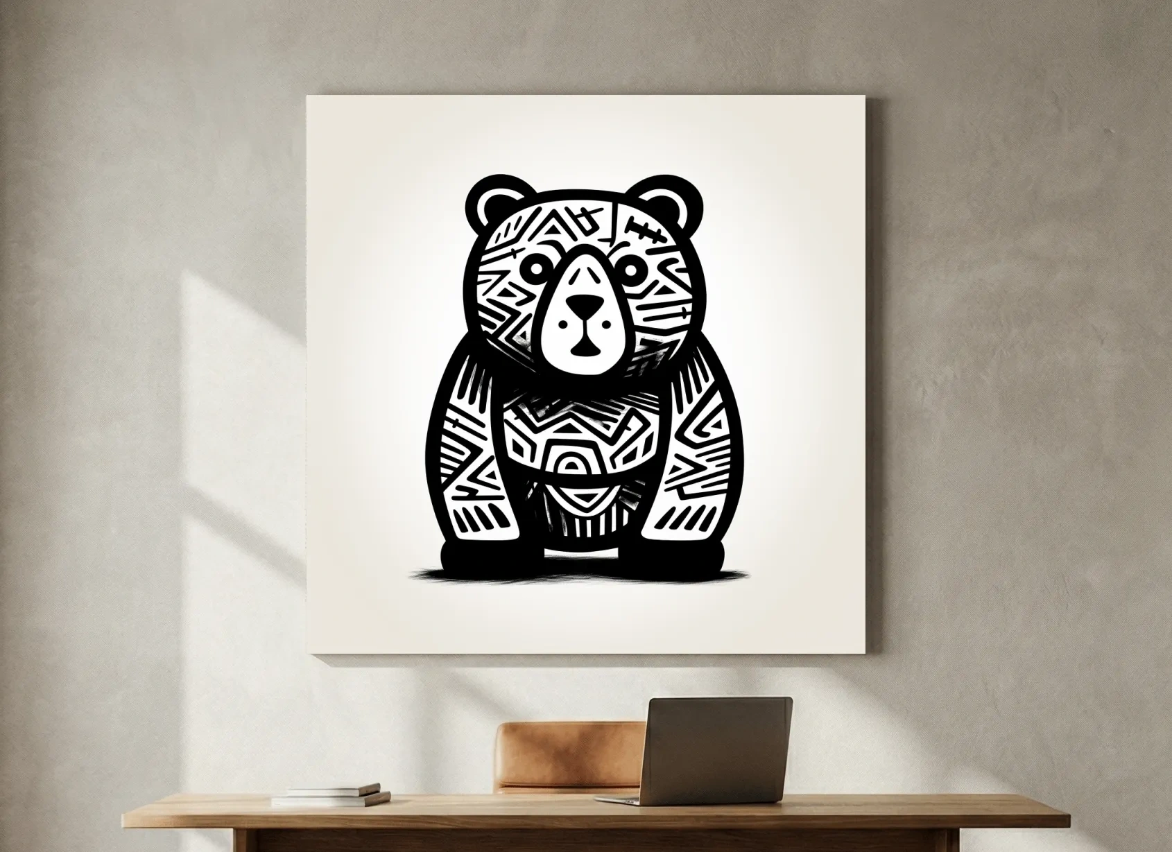 Tribal Pattern Bear Illustration - Quirky Black And White Animal Wall Art