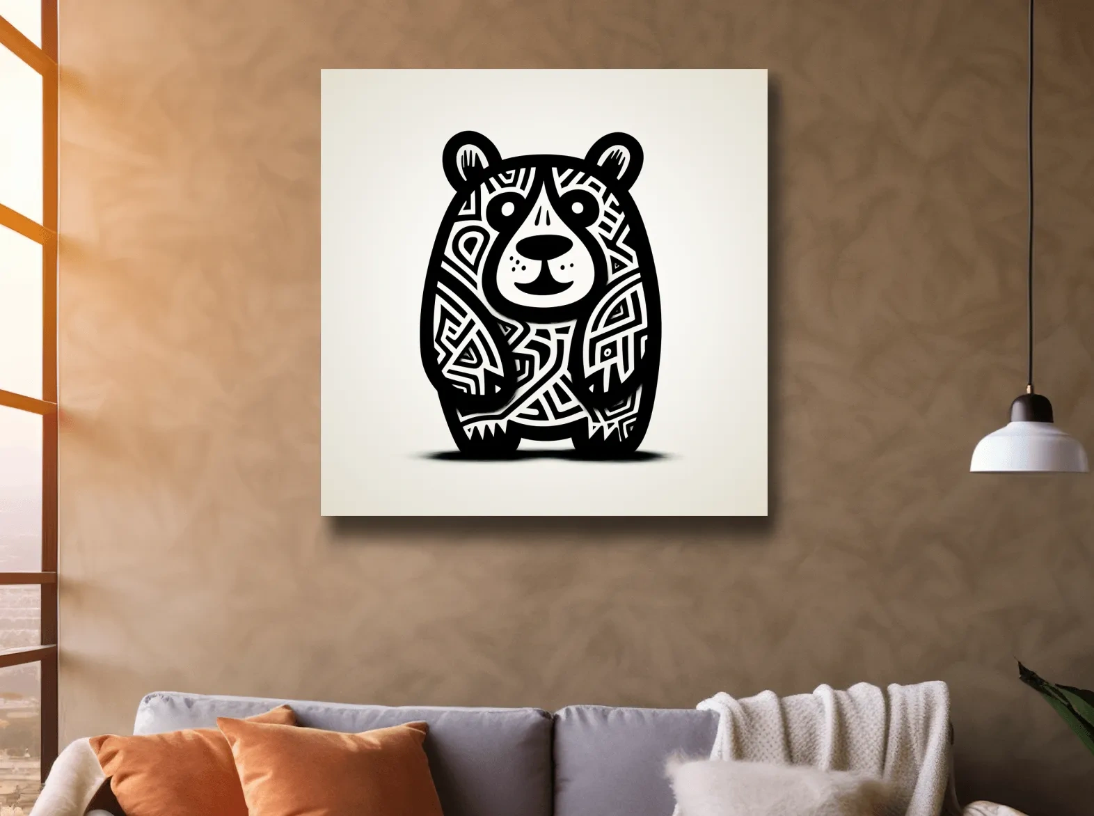Tribal Cartoon Bear Illustration - Minimalist Black And White Wildlife Wall Art