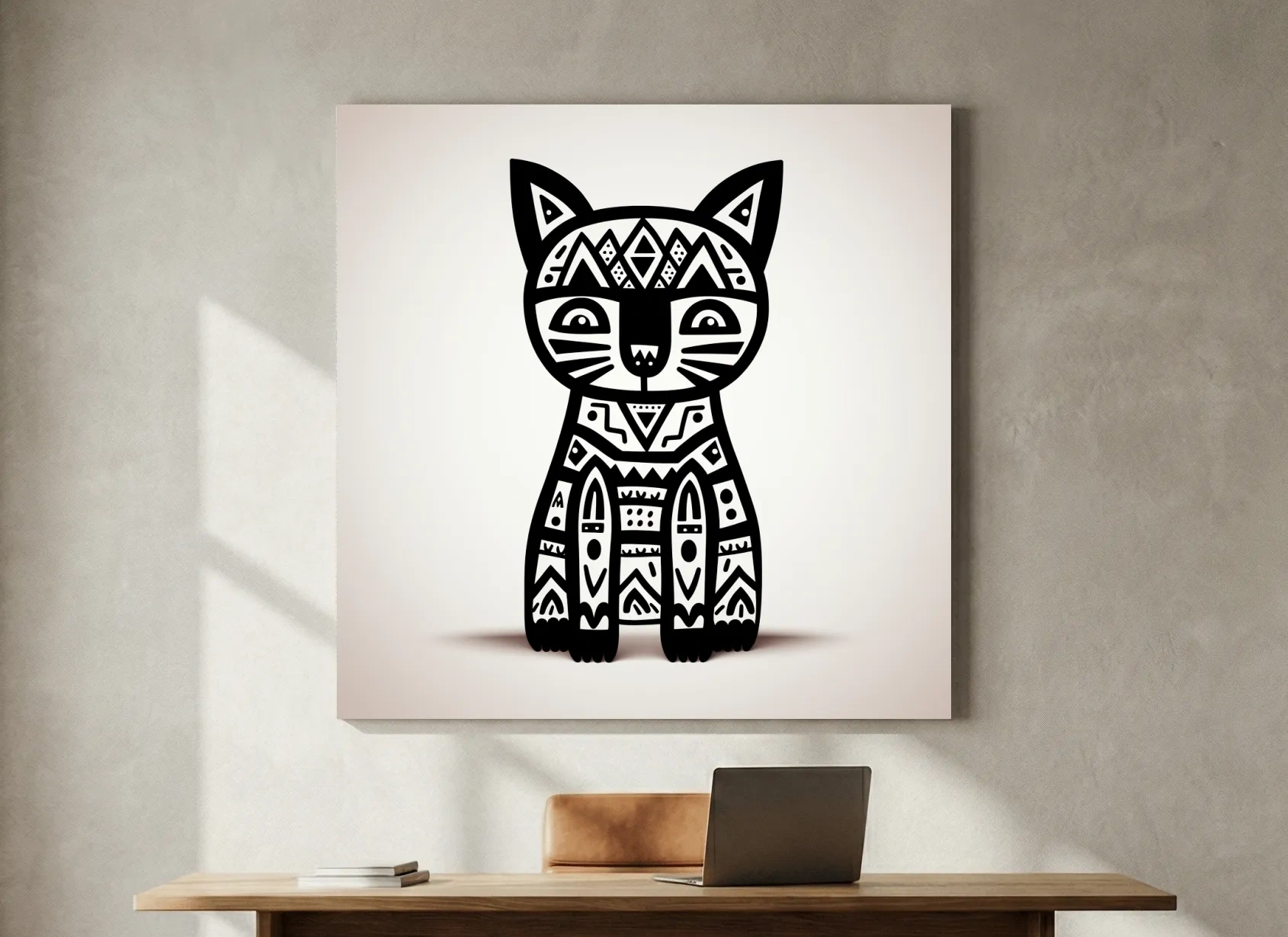 Tribal Geometric Cat Illustration - Black And White Quirky Animal Wall Art