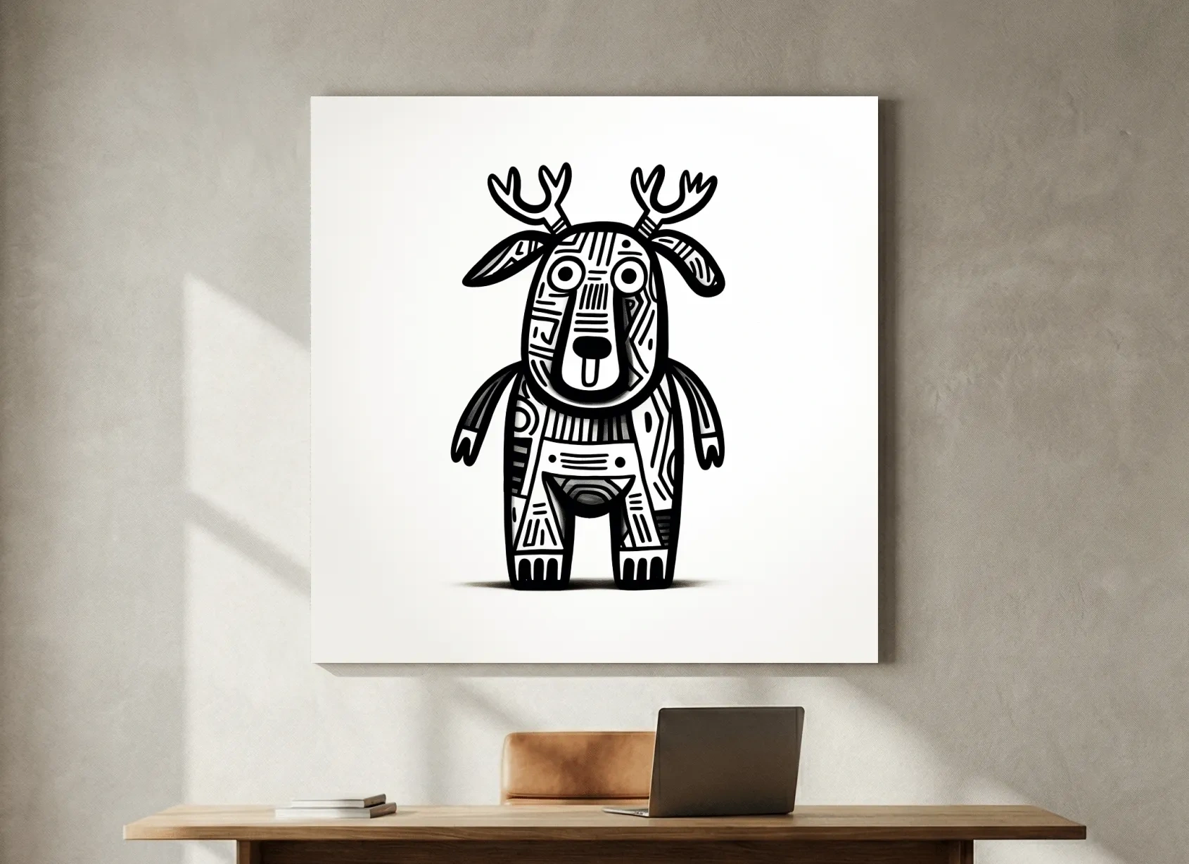 Whimsical Tribal Deer Illustration - Quirky Black And White Animal Wall Art