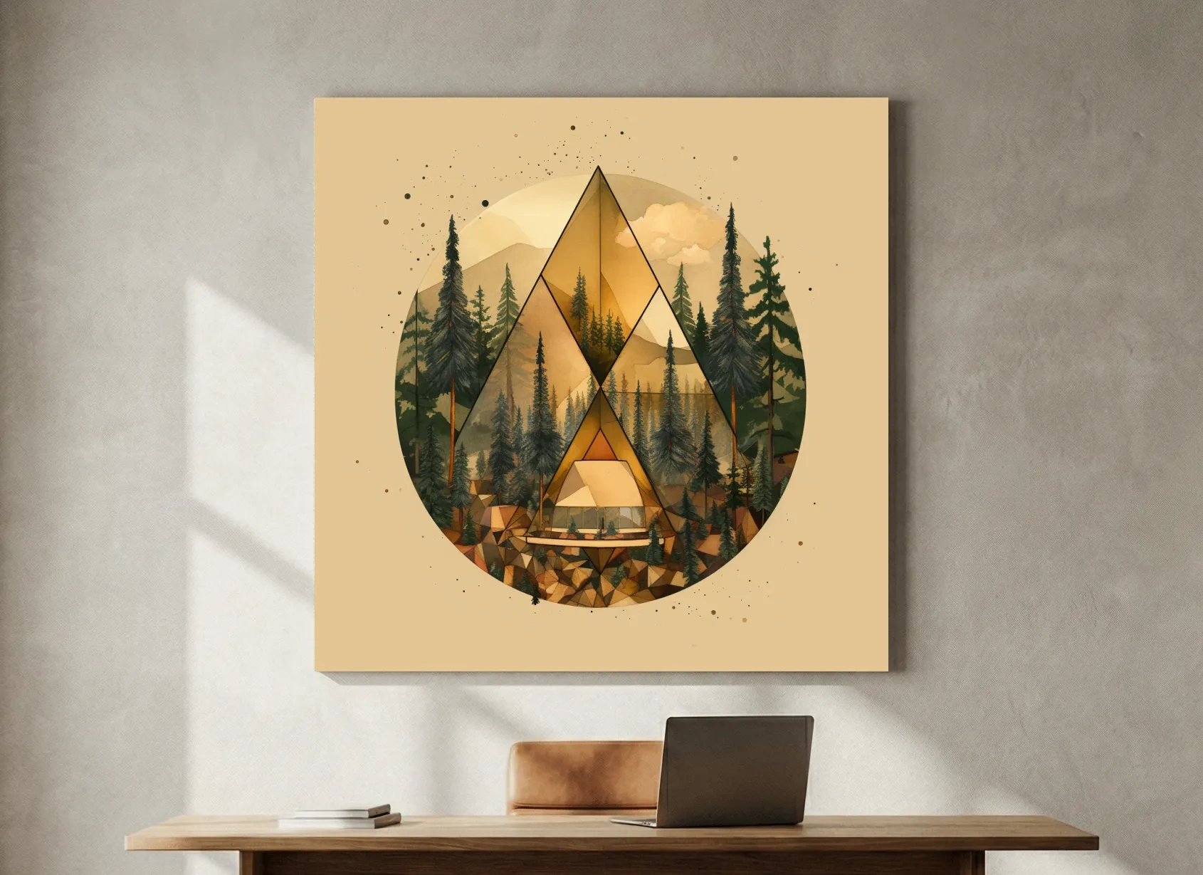 Geometric Mountain Cabin Forest Landscape - Modern Abstract Nature Wall Art