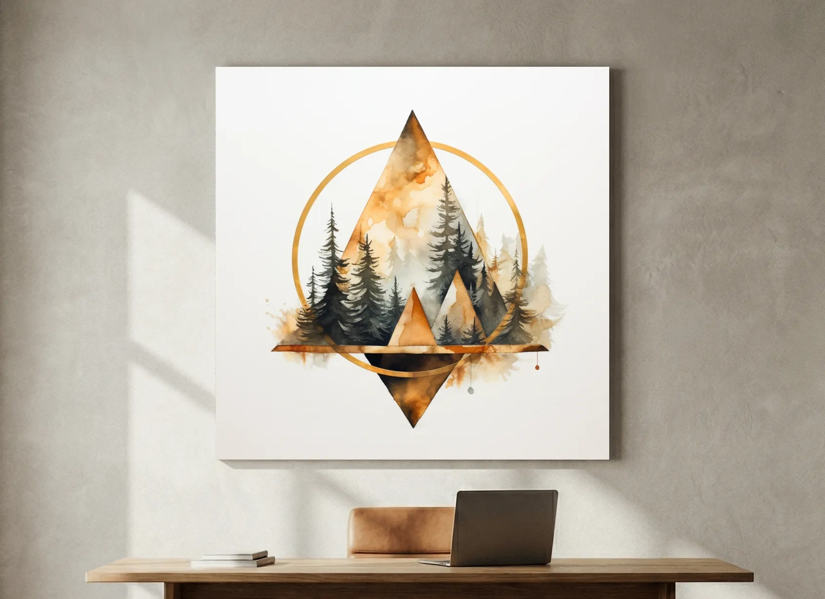 Geometric Watercolor Mountain & Pine Forest - Modern Rustic Nature Wall Art