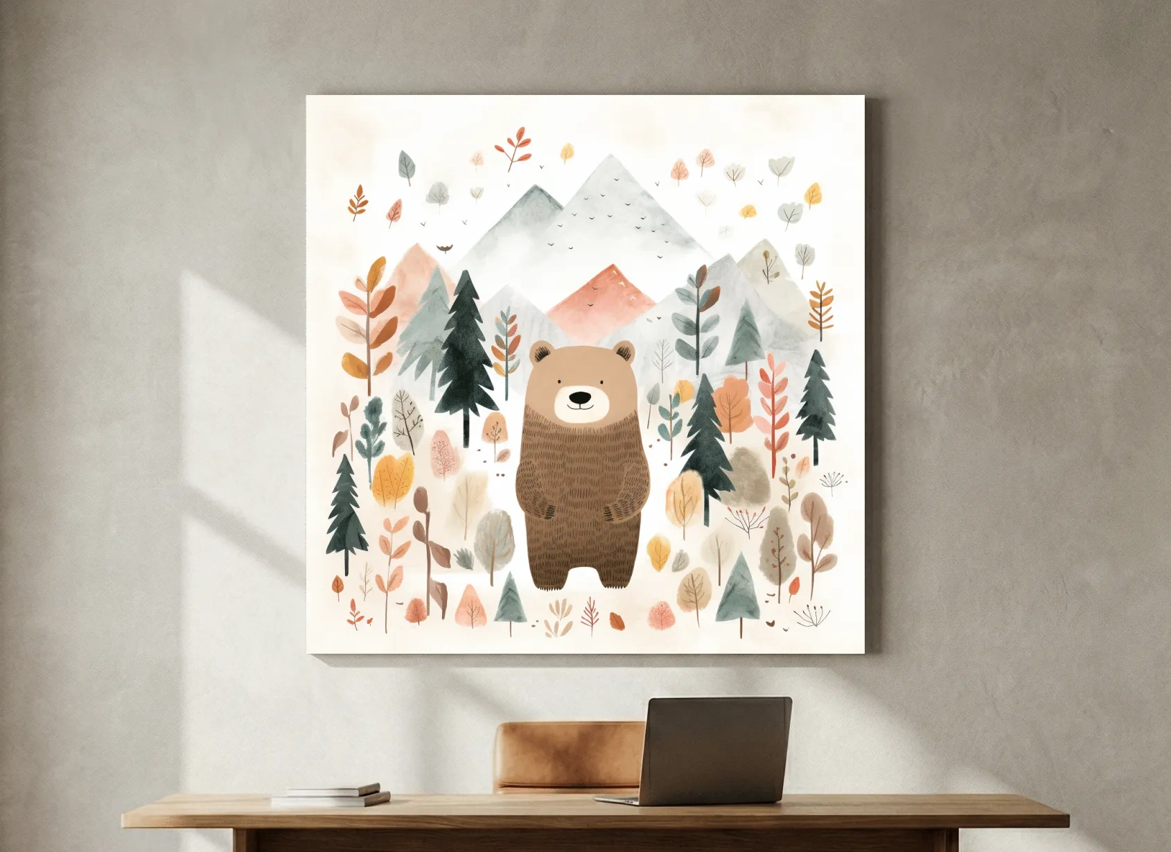 Cute Watercolor Bear Bear In Forest - Whimsical Mountain Nursery Wall Art