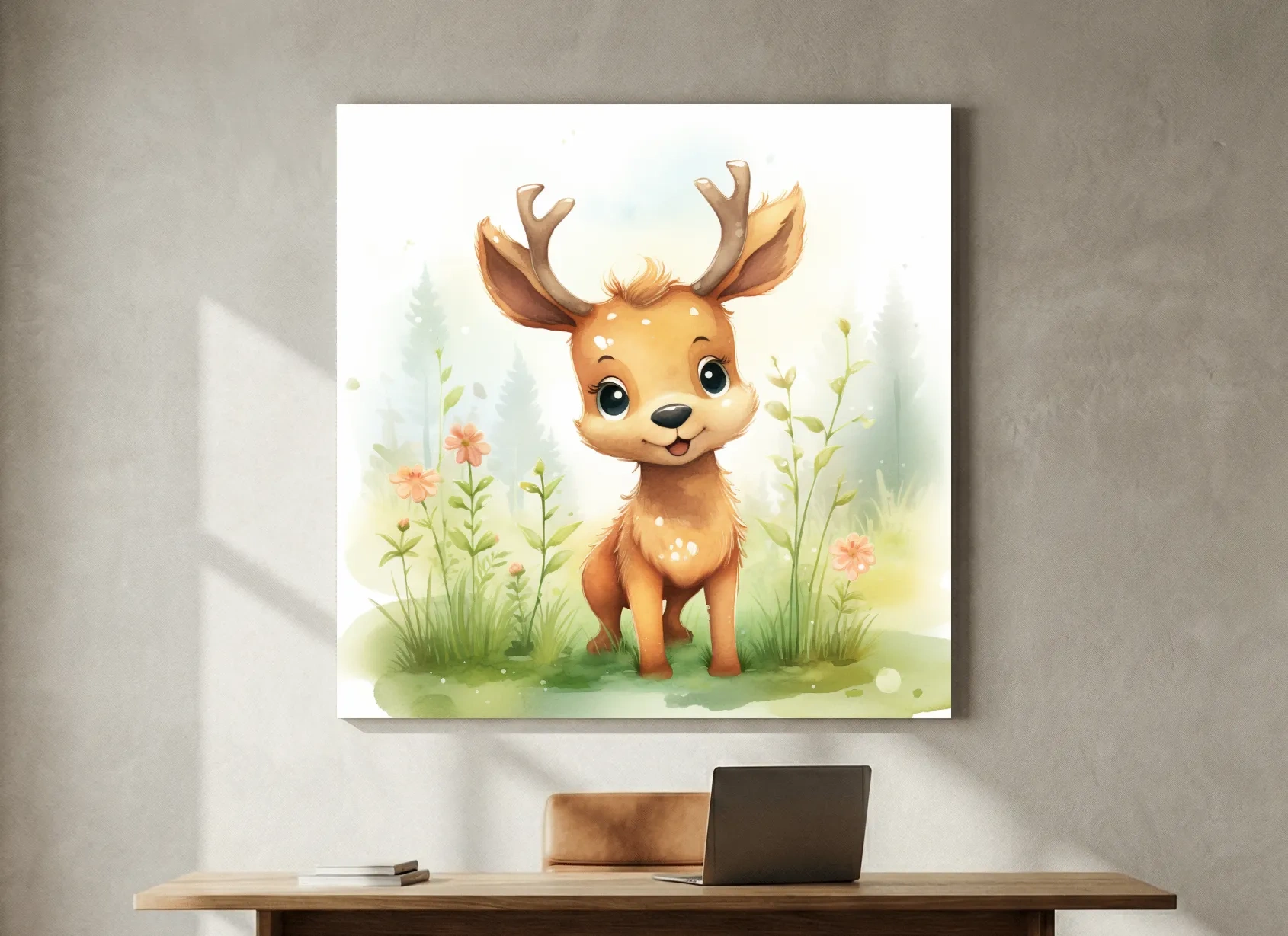 Cute Watercolor Baby Deer Illustration - Woodland Nursery Animal Wall Art
