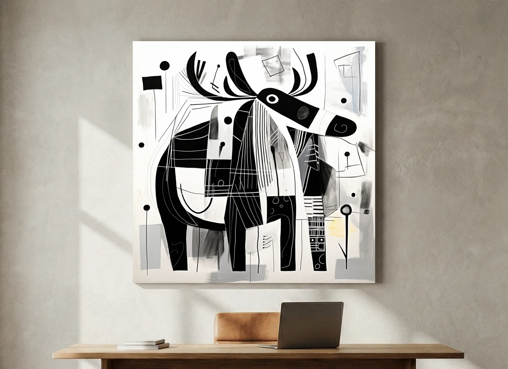 Abstract Monochrome Moose Illustration - Modern Geometric Wildlife Wall Art
