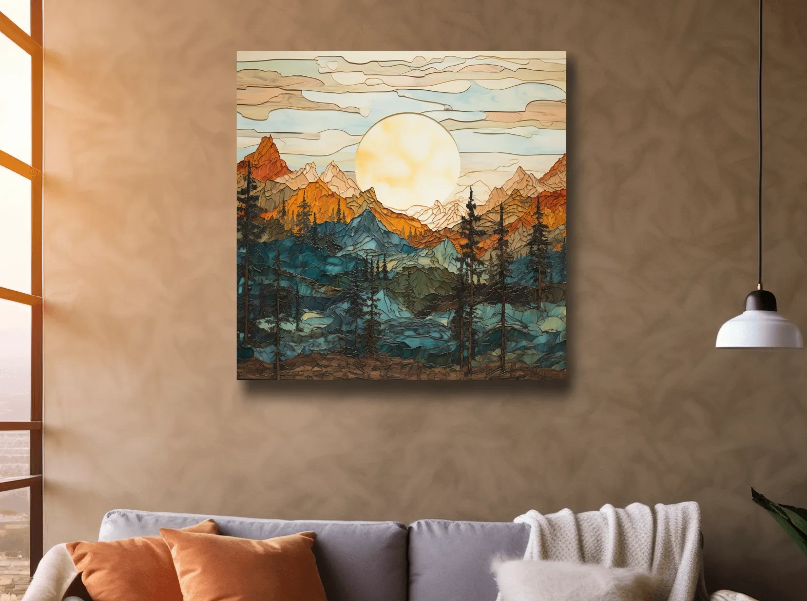 Sunset over the alpine forest mountain art, leadlight stained glass style