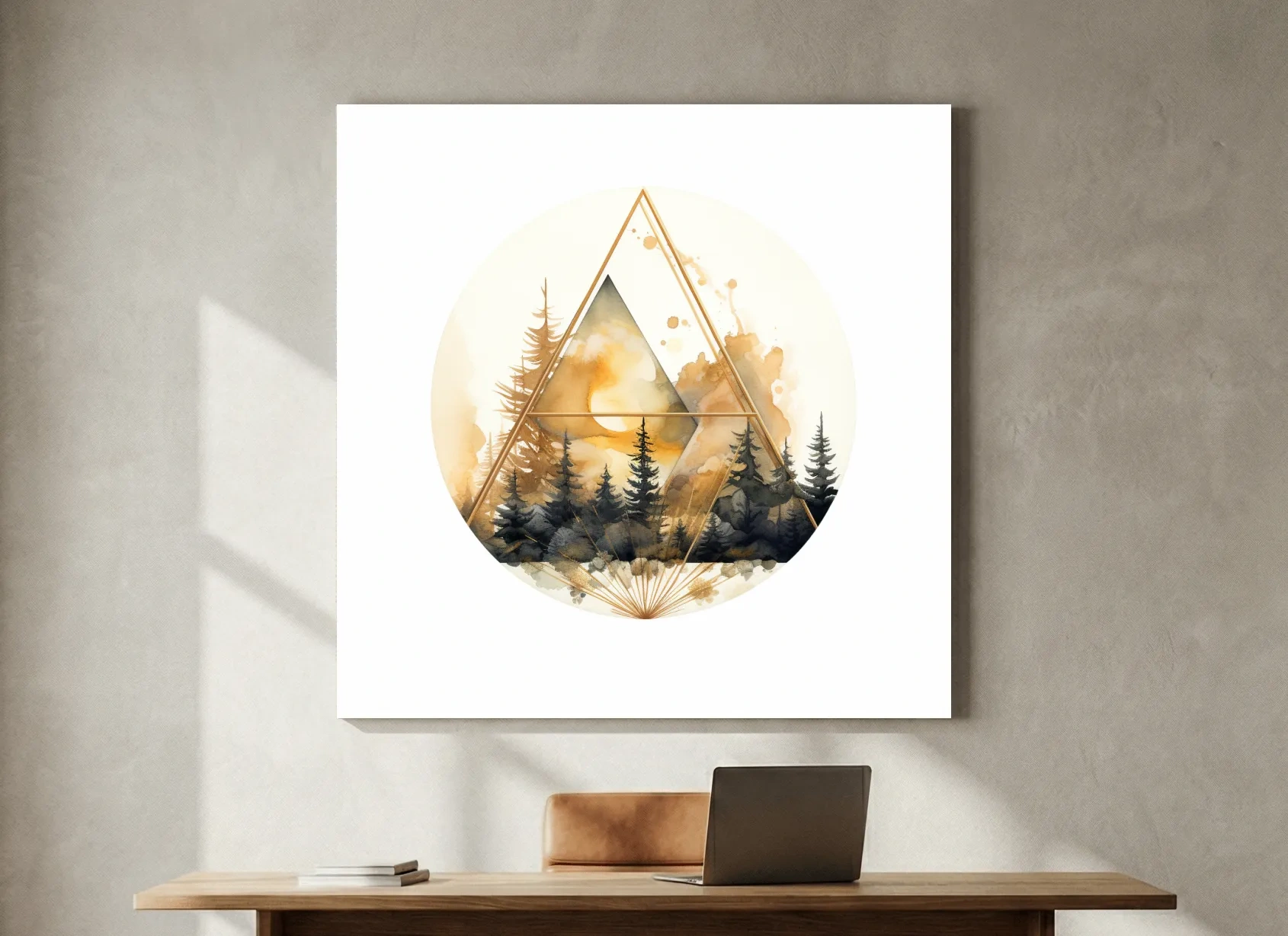 Elegent Geometric Watercolor Mountain Forest - Modern Rustic Landscape Wall Art