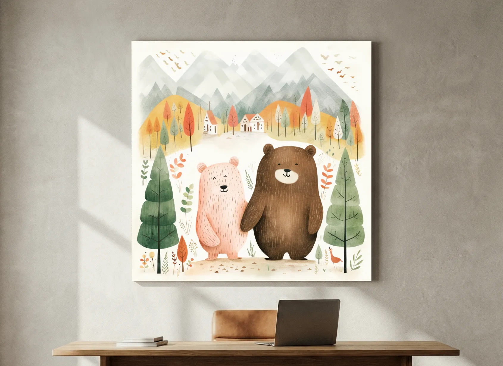 Cute storybook nursery art, bears holding hands in the mountains 