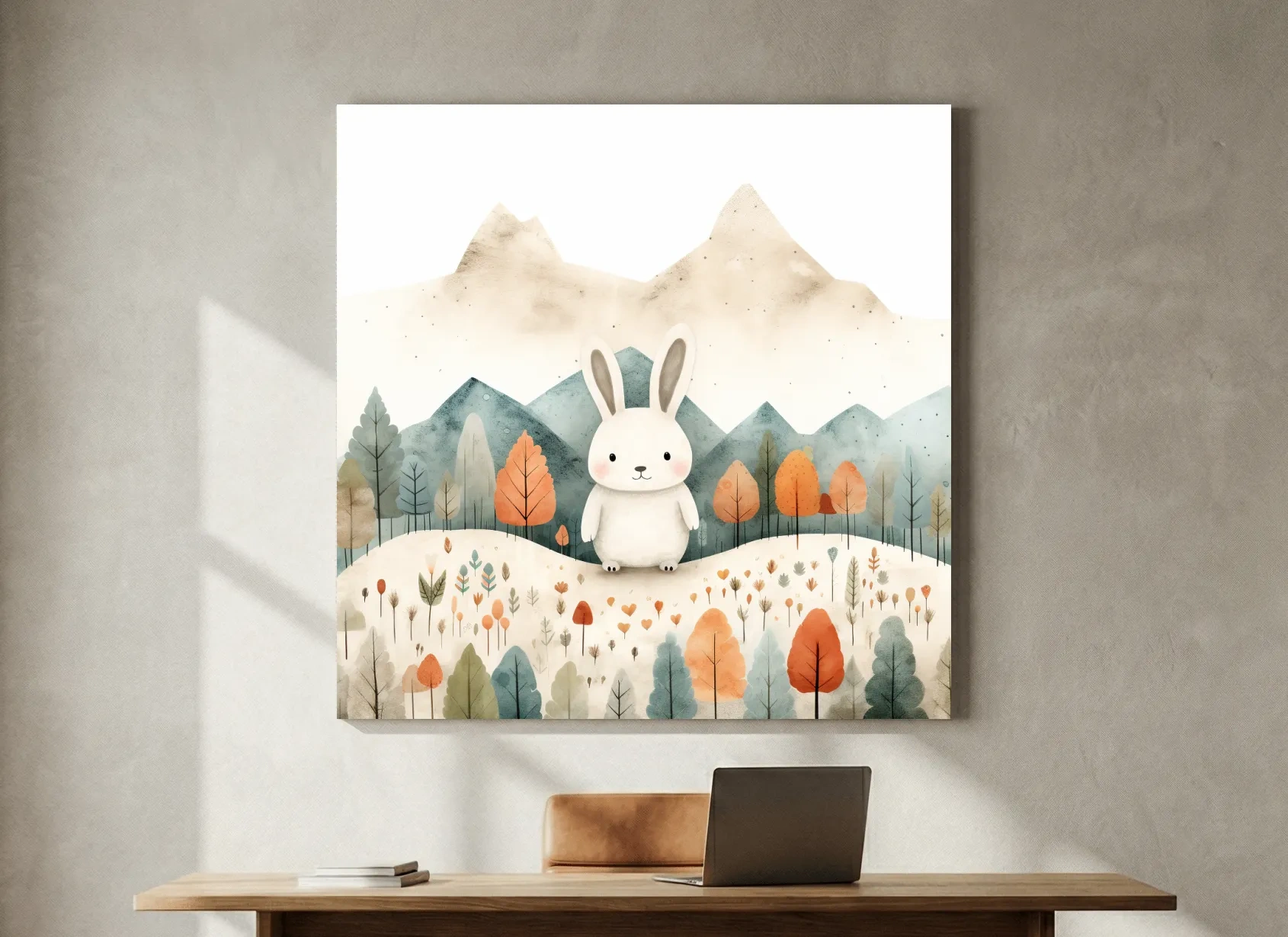 Cute Watercolor Bunny In Mountain Forest - Whimsical Nursery Woodland Wall Art