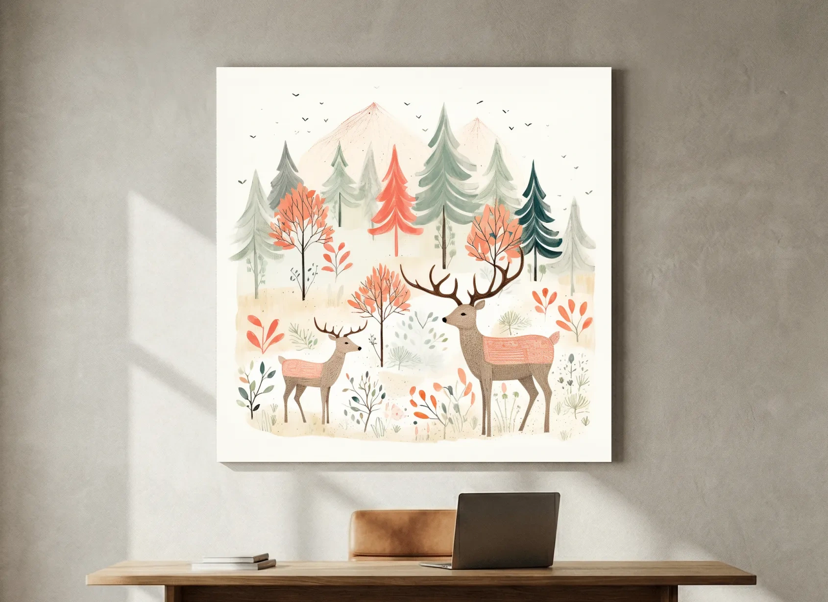 Whimsical Watercolor Deer Forest Storybook Scene - Scandinavian Woodland Nursery Wall Art