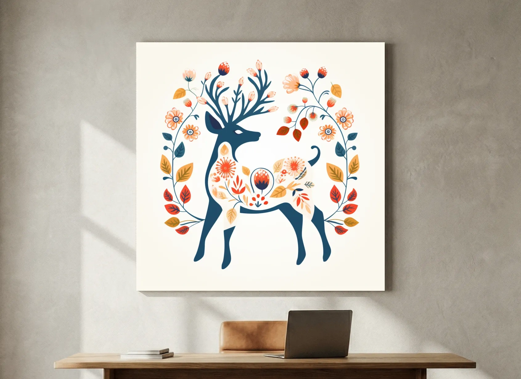 Folk Art Floral Deer Silhouette - Scandinavian Woodland Wall Art