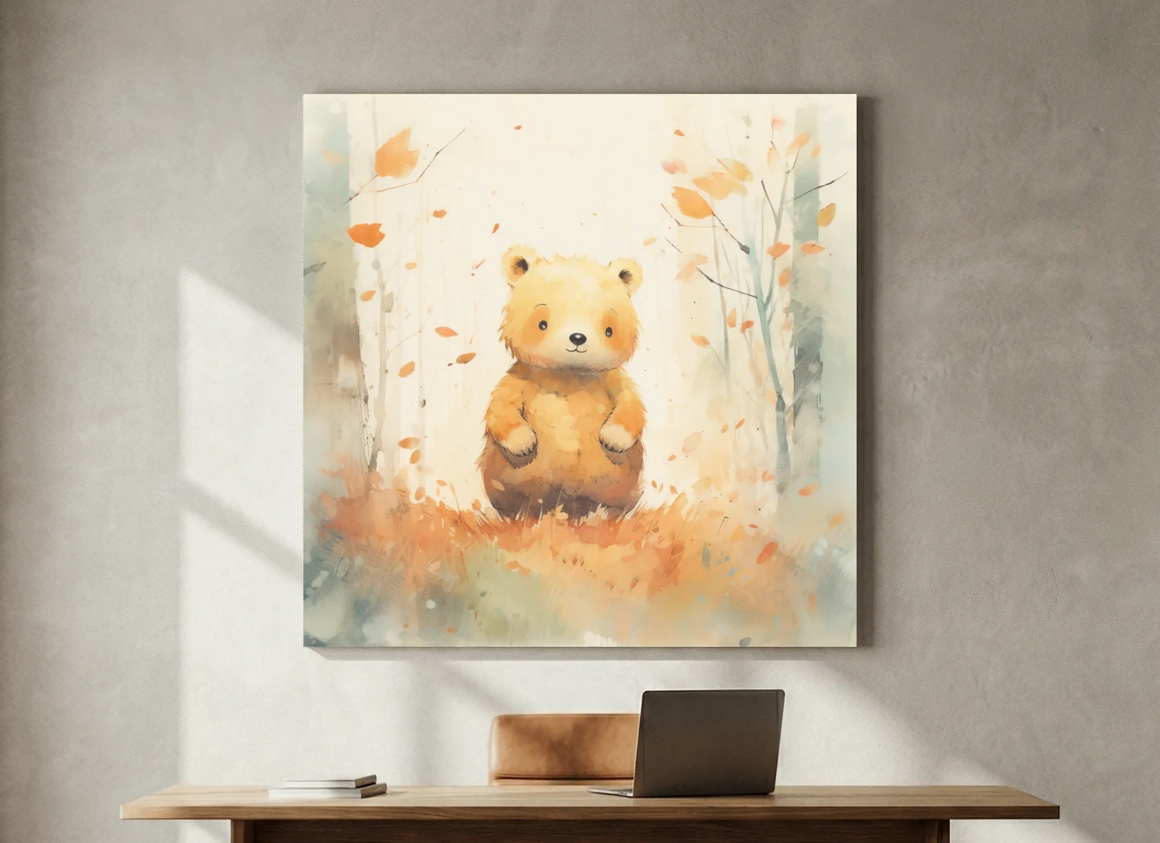 Cute Watercolor Bear Cub In Autumn Forest - Whimsical Nursery Animal Wall Art
