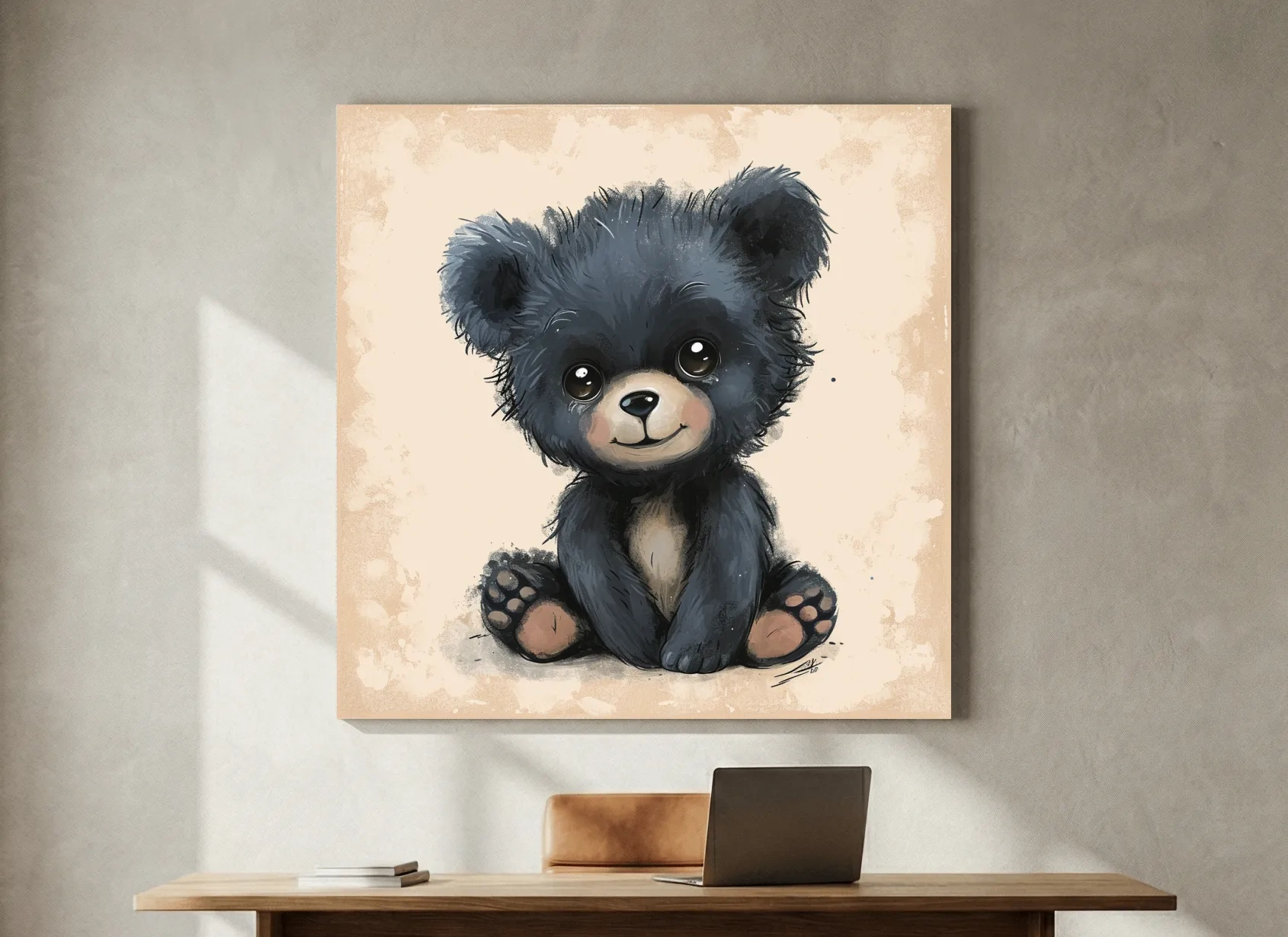 Nursery artwork, painting of a cute baby black bear cub
