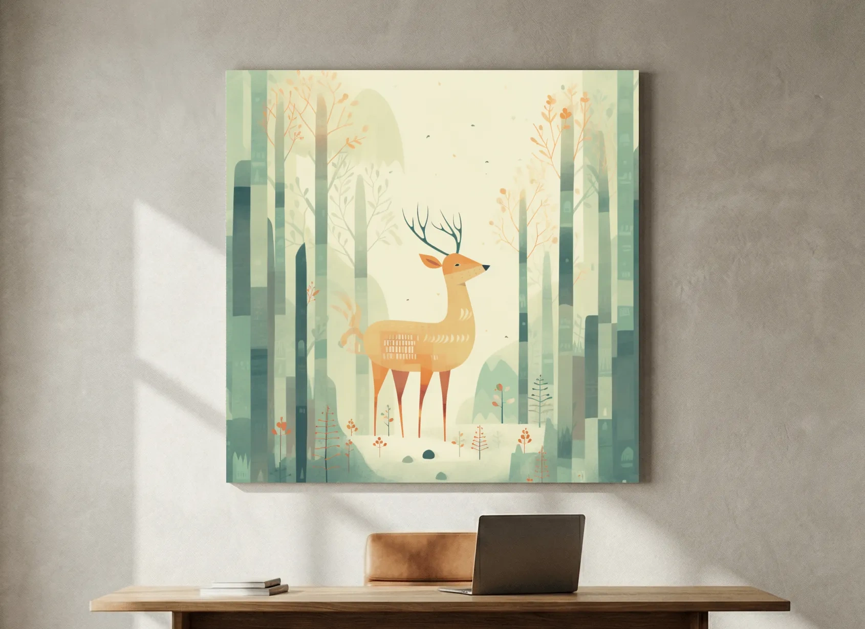 Whimsical Deer In Misty Forest - Minimalist Woodland Nursery Wall Art