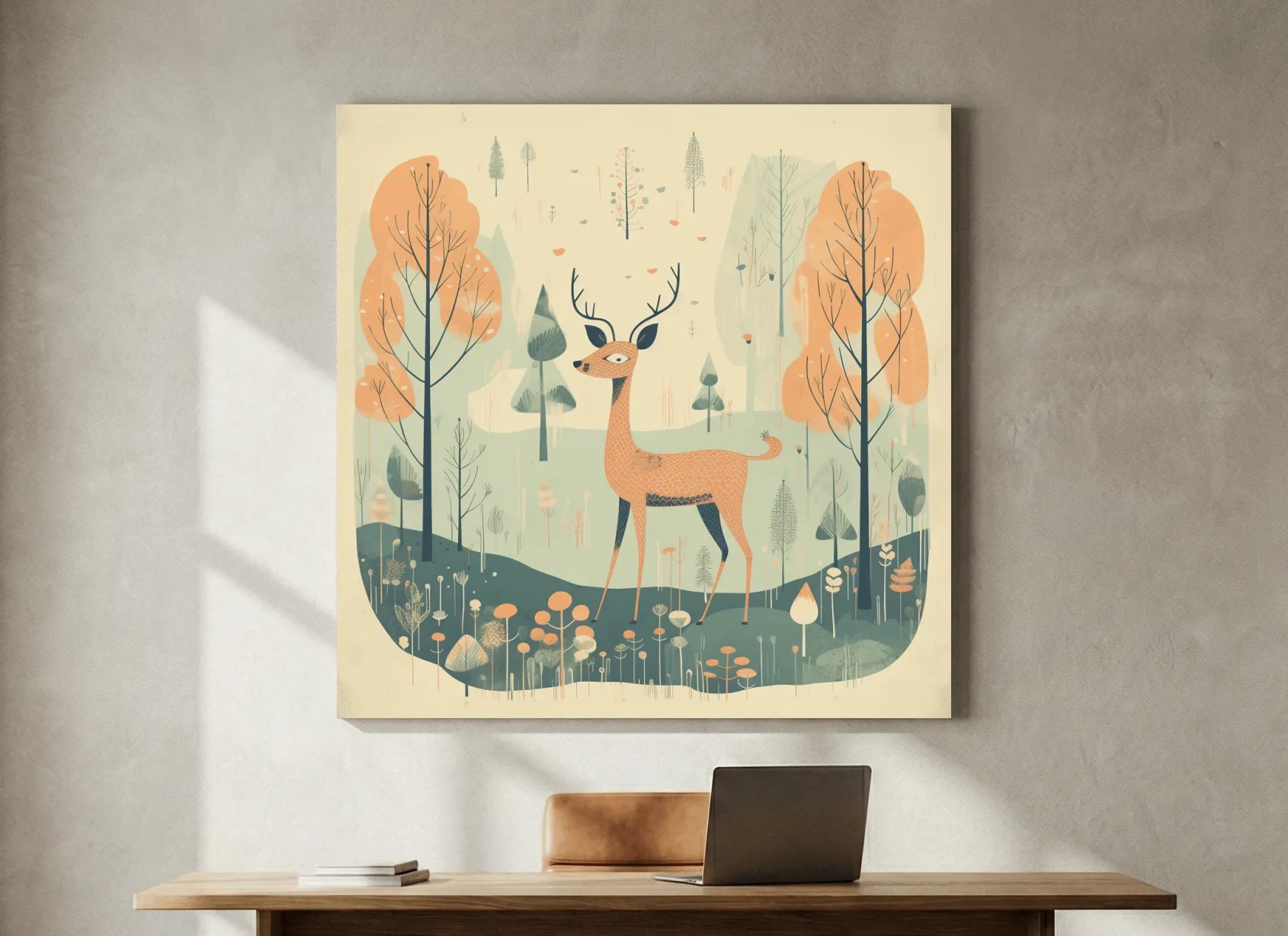 Whimsical Deer in Pastel Forest Illustration - Folk Art Woodland Nursery Wall Art