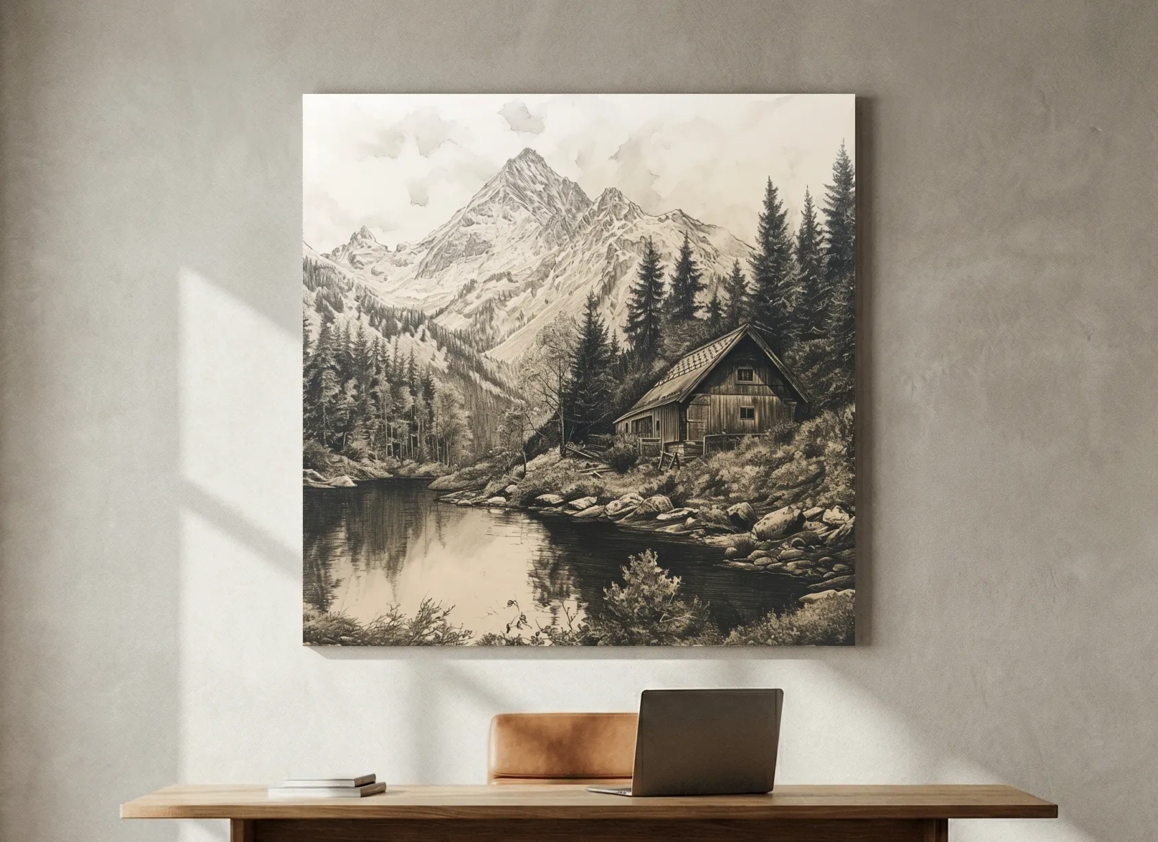 Vintage Sepia Mountain Cabin Lake Scene - Rustic Alpine Forest Landscape Art