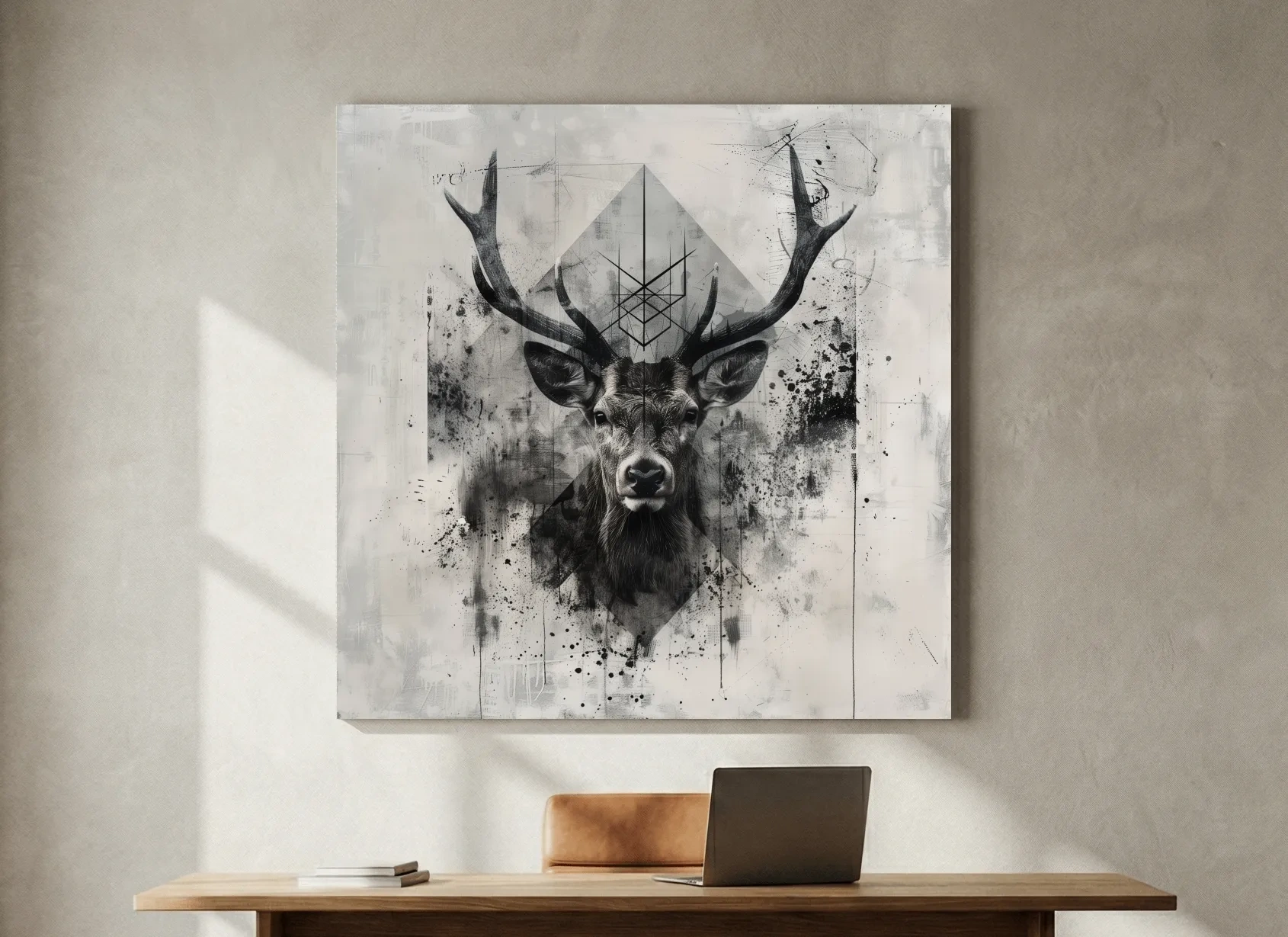 Tribal Monochrome Deer Stag Portrait - Tattoo Style Wildlife Wall Art