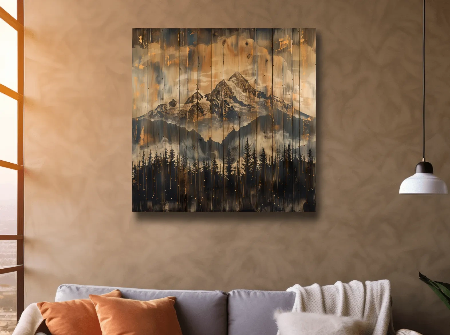 Rustic Mountain Range Over Pine Forest - Vintage Wood Panel Style Landscape Artwork
