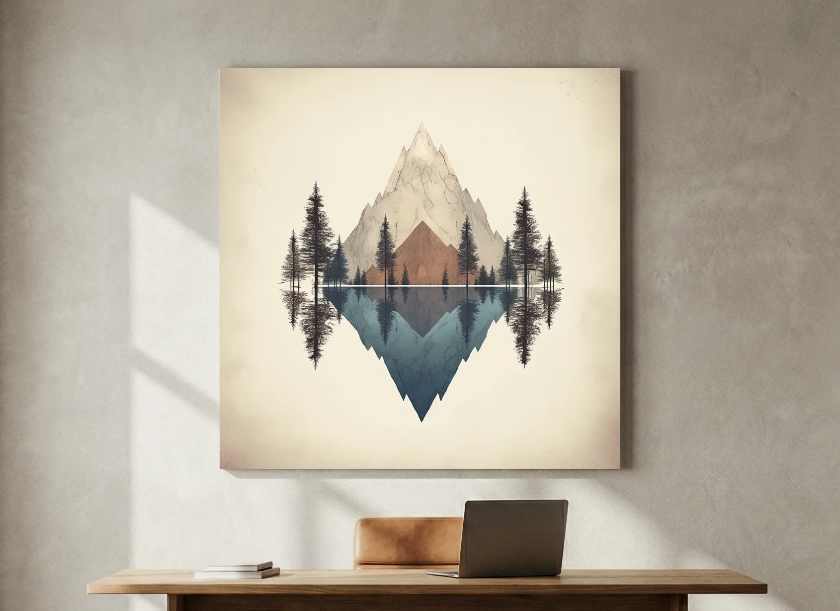 Minimalist Geometric Mountain Lake Reflection - Pine Forest Landscape Wall Art